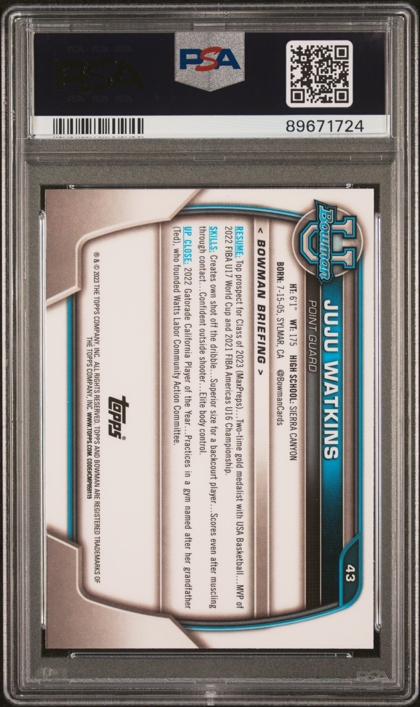 Graded 2022 Topps Bowman University JuJu Watkins #43 Rookie RC Basketball Card PSA 10 Gem Mint - Sport Cards