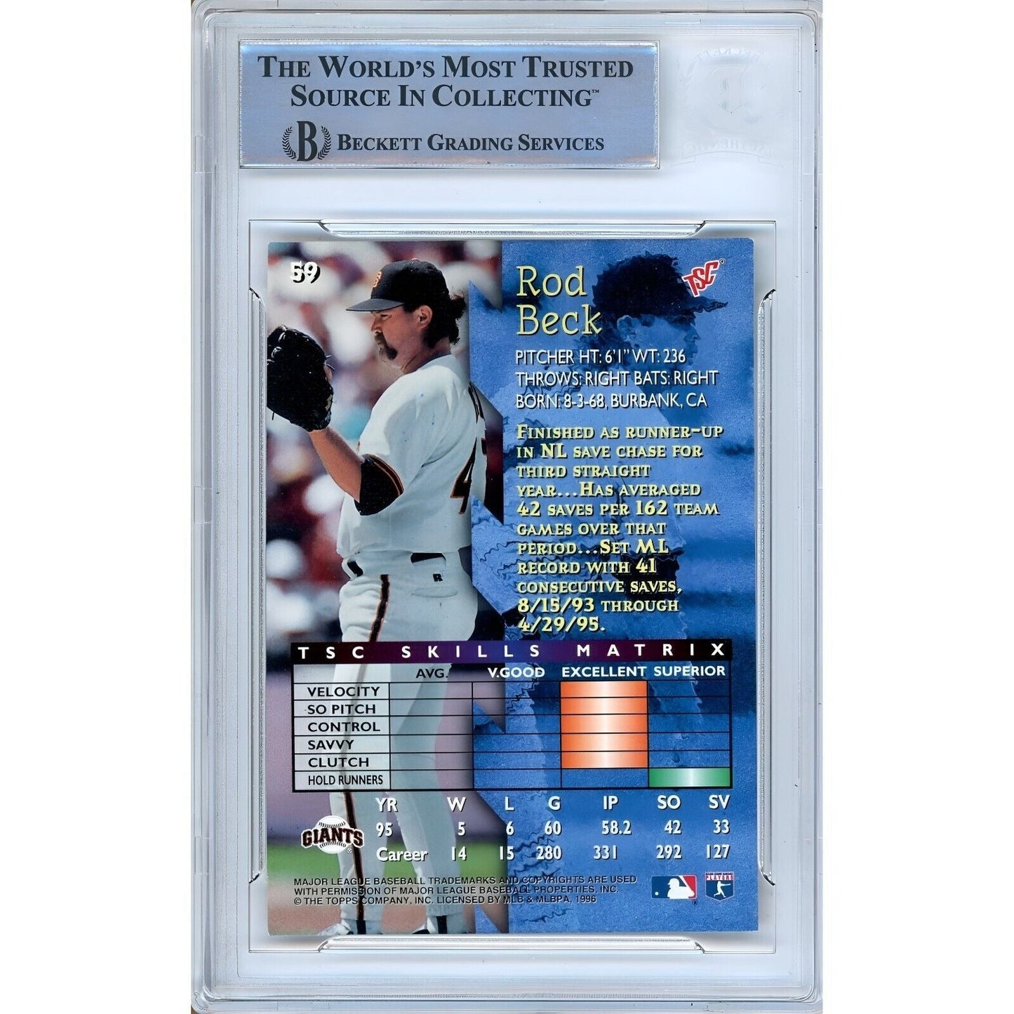 Rod Beck San Francisco Giants Signed 1996 Stadium Club Card Beckett Authentic Auto Slab