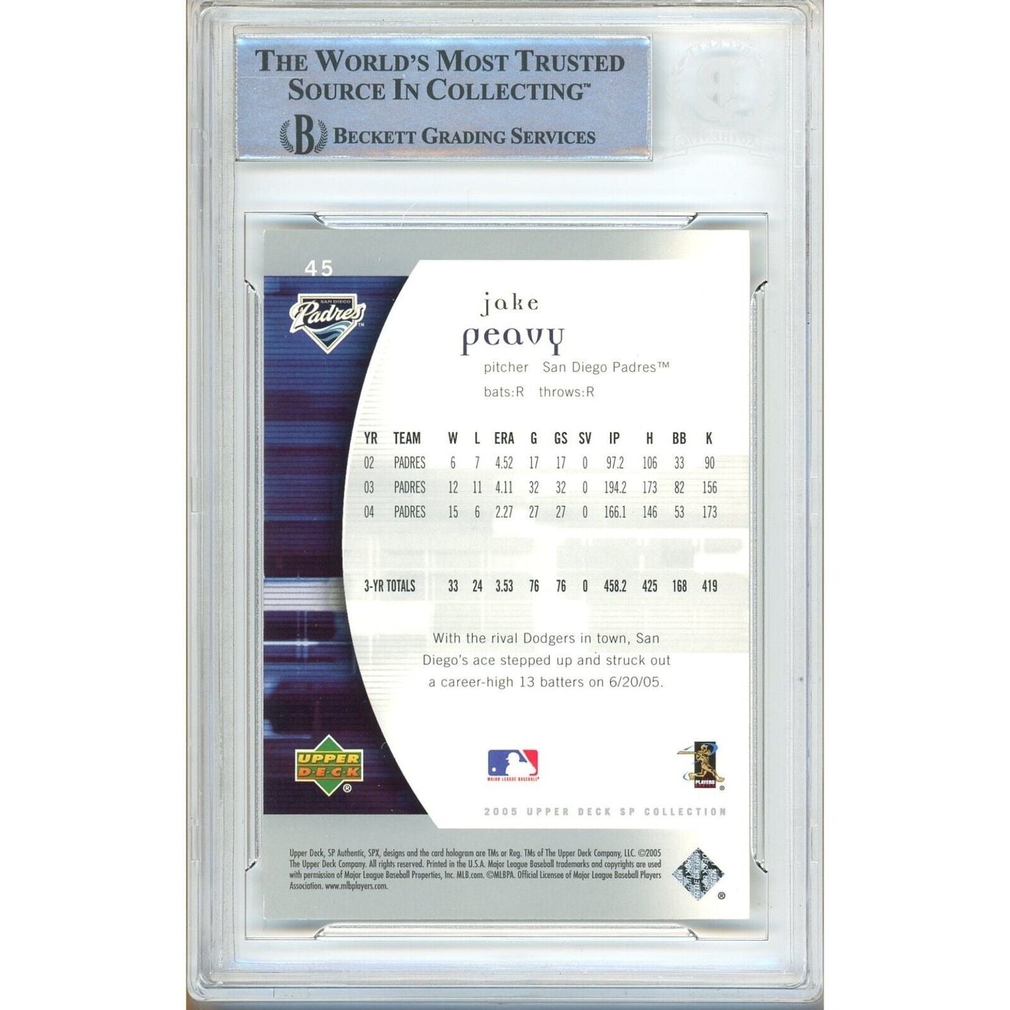 2005 SP Authentic #45 — Jake Peavy San Diego Padres Autographed Trading Card — Beckett Authentication