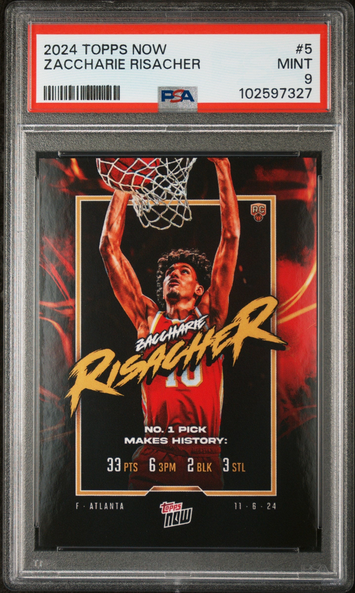 Graded 2024 Topps Now Zaccharie Risacher #5 Rookie RC Basketball Card PSA 9 Near Mint