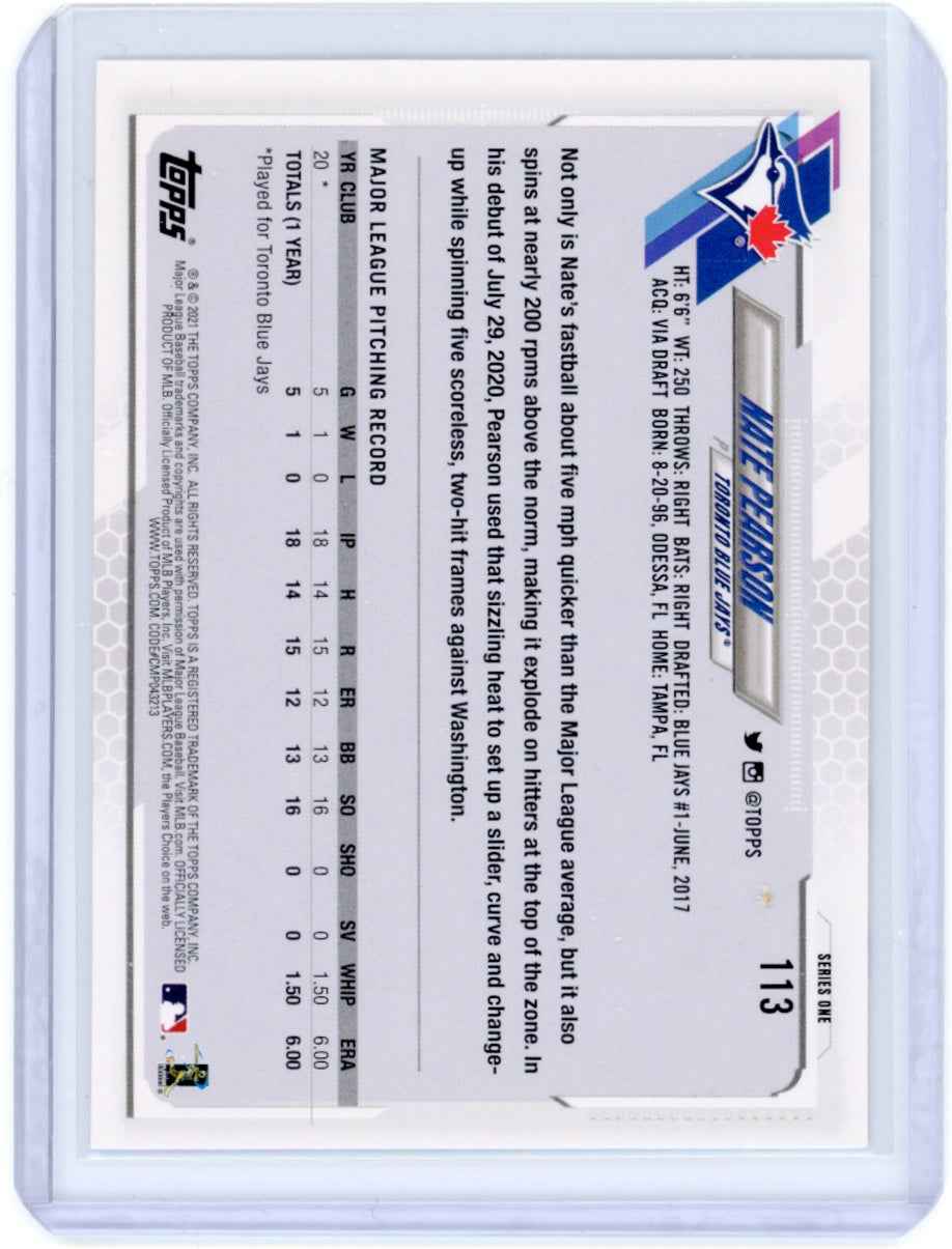 2021 Topps #113 Nate Pearson Rookie (RC) Blue Jays Card
