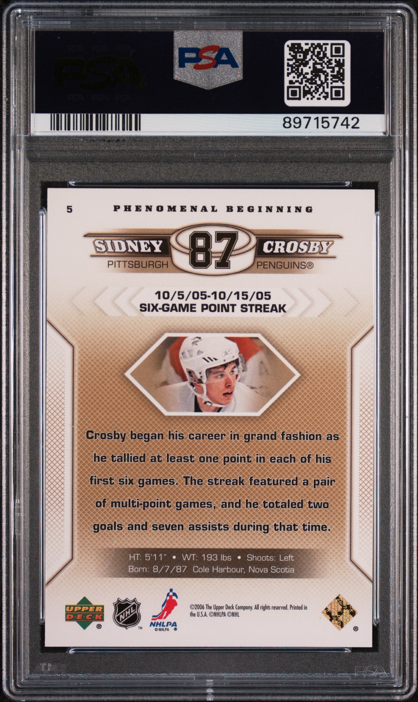 Graded 2005-06 Upper Deck Sidney Crosby #5 Phenomenal Beginning Gold Rookie RC Hockey Card PSA 10 Gem Mint