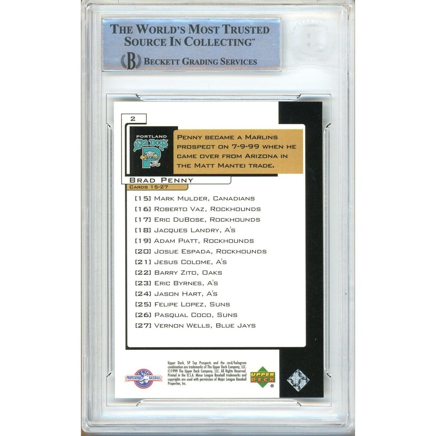 2000 SP Top Prospects #2 — Brad Penny Arizona Diamondbacks Autographed Trading Card — Beckett Authentication