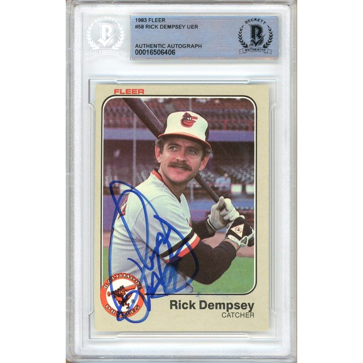 Rick Dempsey Baltimore Orioles Signed 1983 Fleer Baseball Card Beckett Authentic Auto Slab
