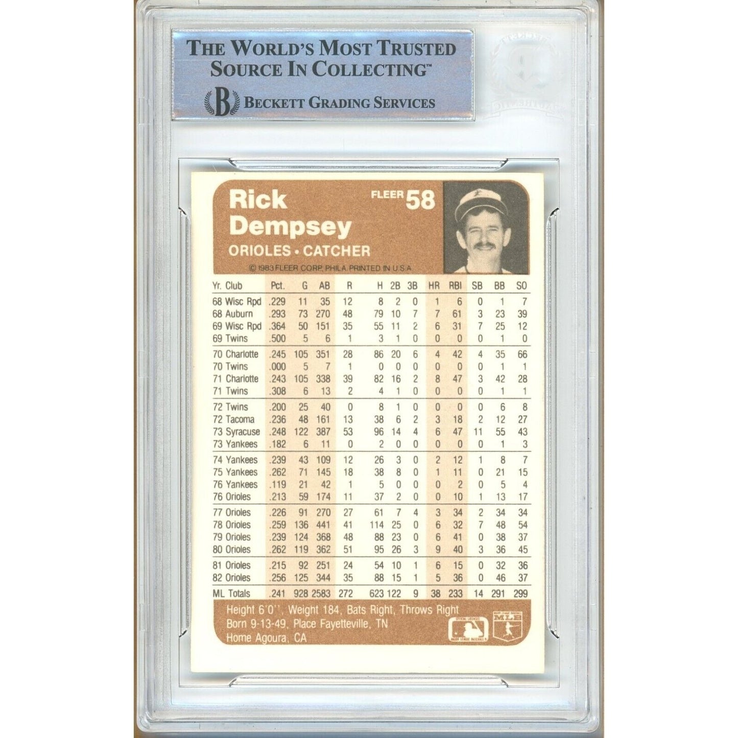 Rick Dempsey Baltimore Orioles Signed 1983 Fleer Baseball Card Beckett Authentic Auto Slab