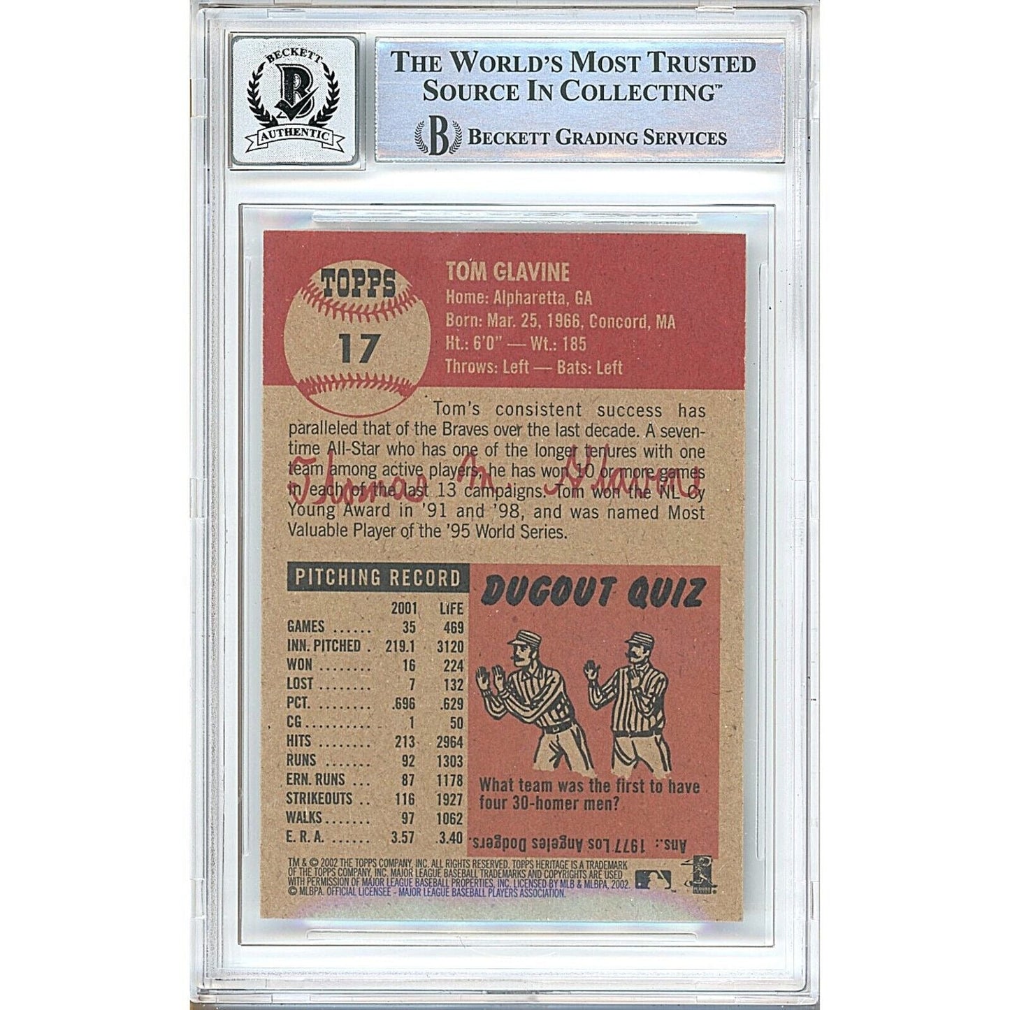 Tom Glavine Atlanta Braves Signed 2002 Topps Heritage Card BGS Auto 10 Graded Slab