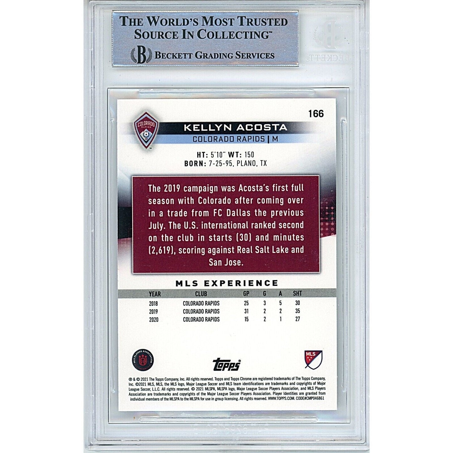 2021 Topps Chrome MLS #166 — Kellyn Acosta Colorado Rapids Autographed Trading Card — Beckett Authentication