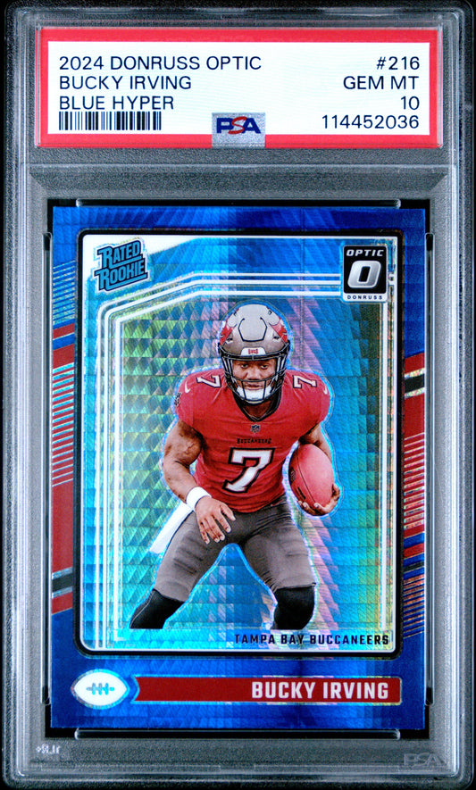 Graded 2024 Panini Donruss Optic Bucky Irving #216 Blue Hyper Rookie RC Football Card PSA 10 Gem Mint