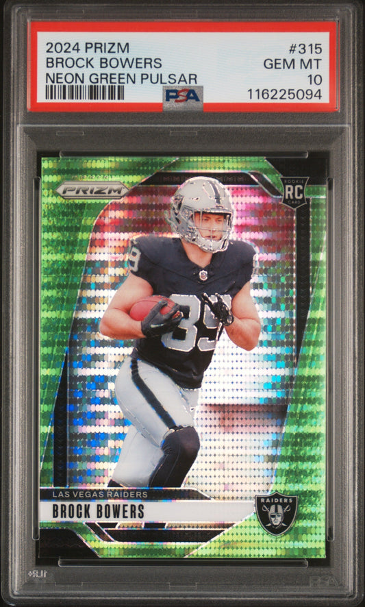 Graded 2024 Panini Prizm Brock Bowers #315 Neon Green Pulsar Rookie RC Football Card PSA 10 Gem Mint
