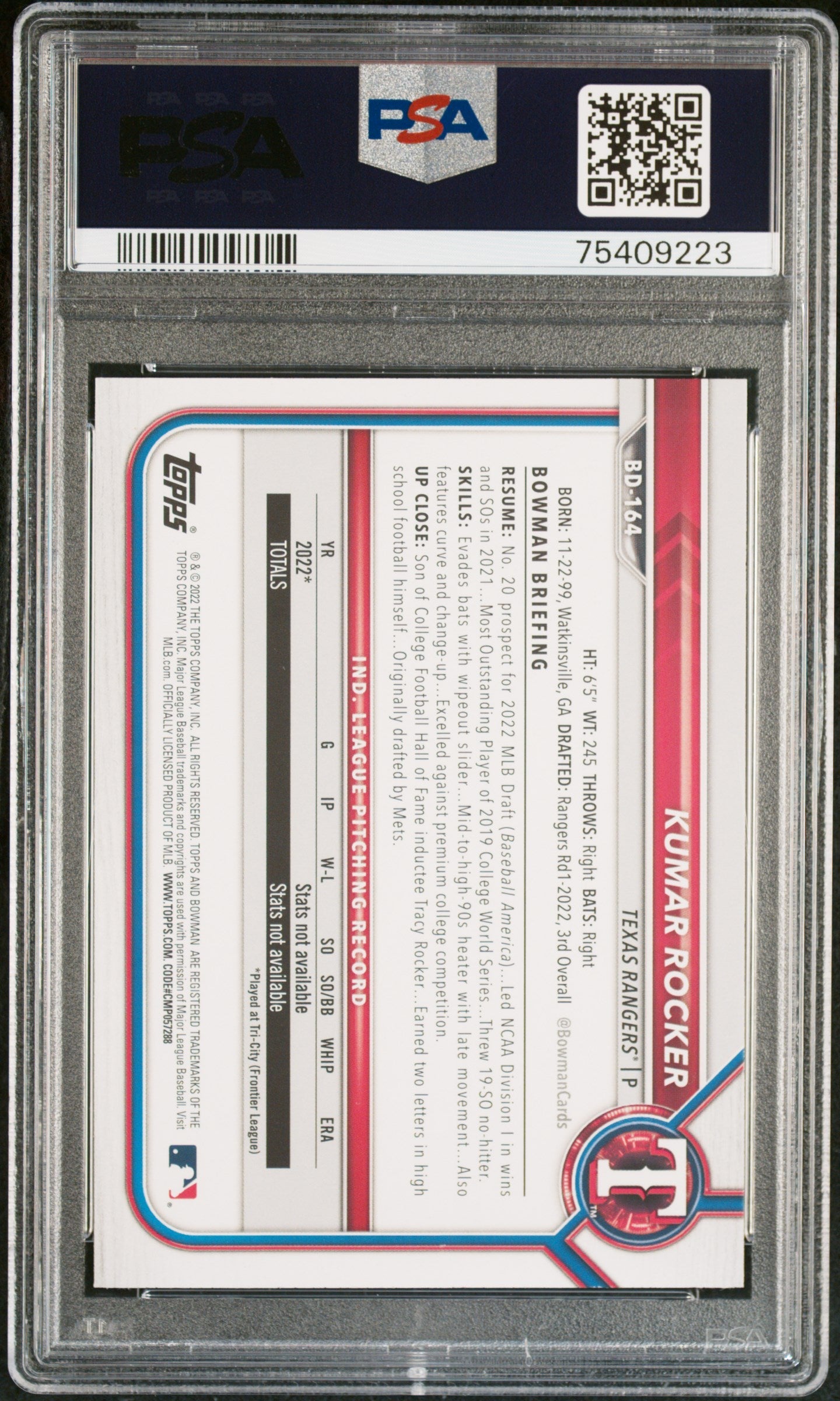 Graded 2022 Topps Bowman Draft Kumar Rocker #BD164 Rookie RC Baseball Card PSA 10 Gem Mint