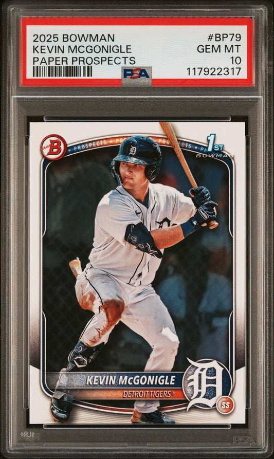 Graded 2025 Topps Bowman Kevin McGonigle #BP79 Paper Prospects Rookie RC Baseball Card PSA 10 Gem Mint - Sport Cards