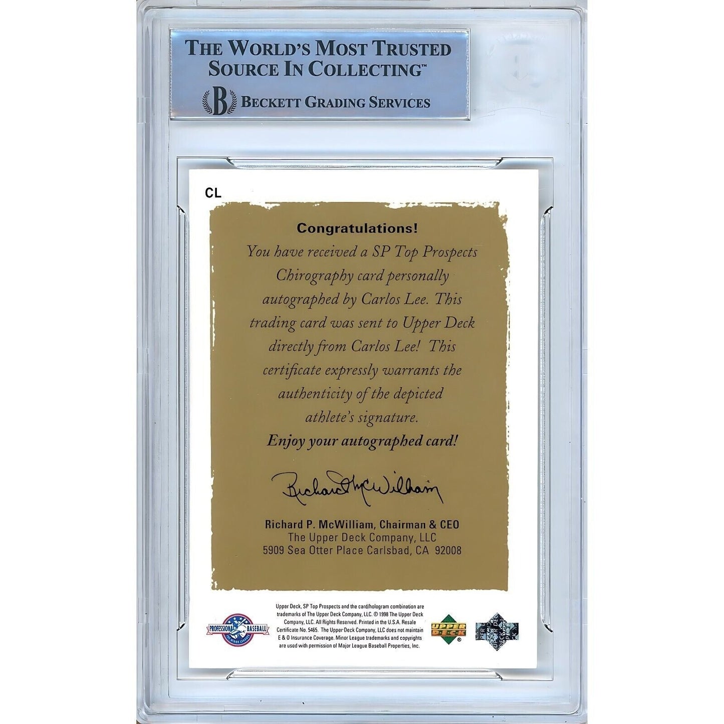 1999 Upper Deck SP Top Prospects Chirography #CL — Carlos Lee Chicago White Sox Autographed Trading Card — Beckett Authentication