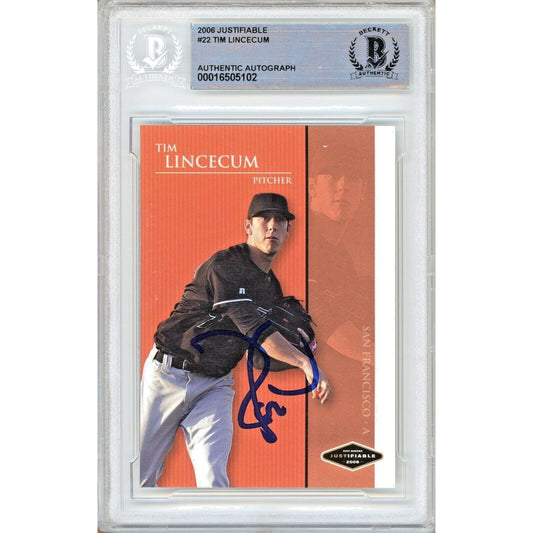 Tim Lincecum SF Giants Signed 2006 Justifiable Rookie Card Beckett Authentic Auto Slab