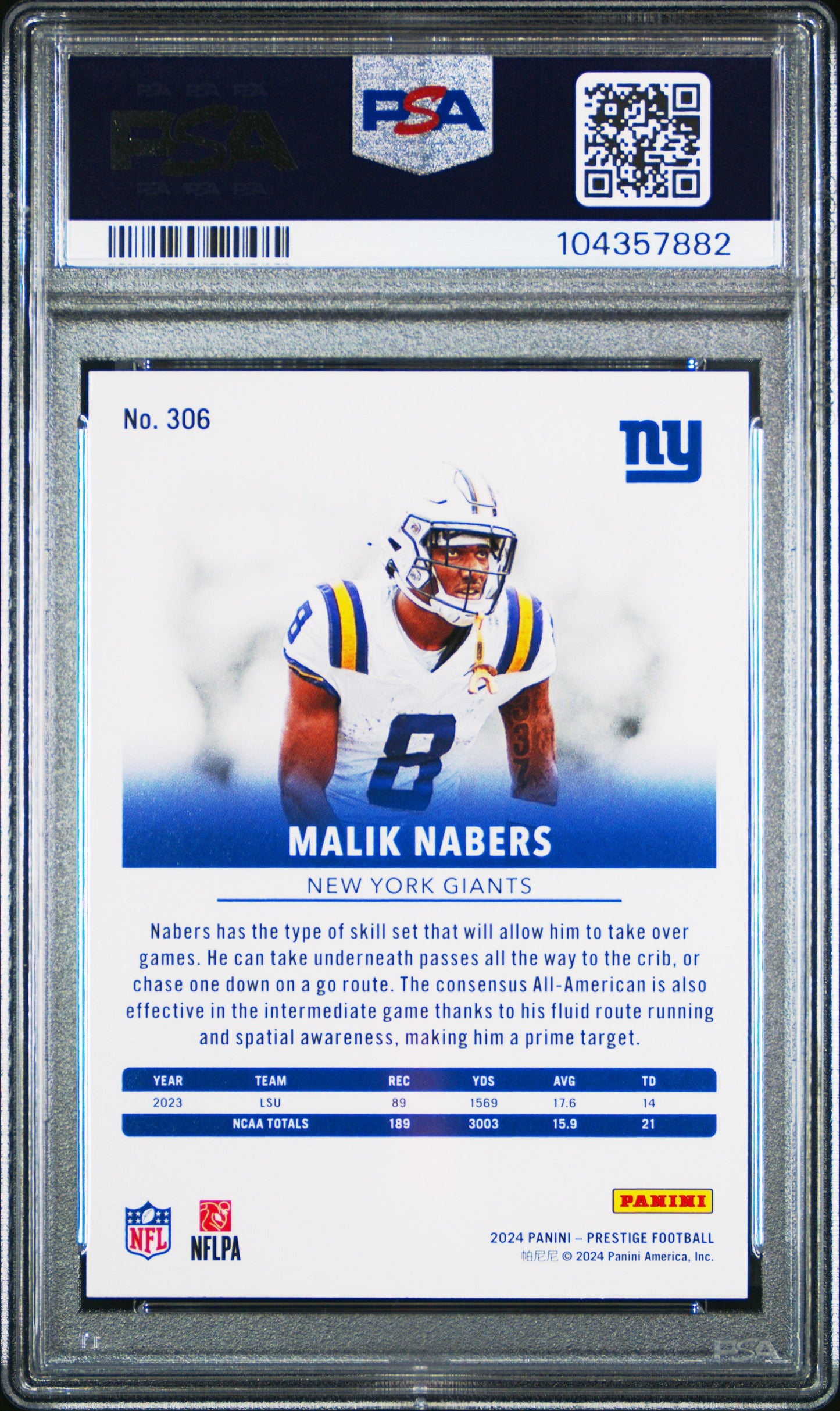 Graded 2024 Panini Prestige Malik Nabers #306 Rookie RC Football Card PSA 10 Gem Mint