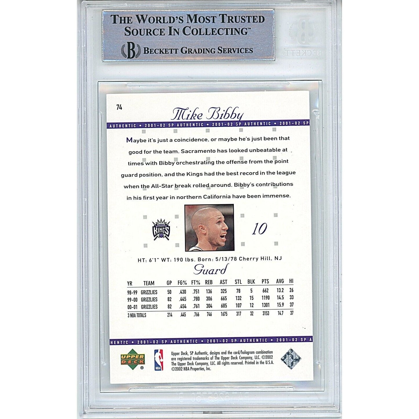 Mike Bibby Sacramento Kings Signed 2001-02 SP Authentic Basketball Card BAS Auth Auto