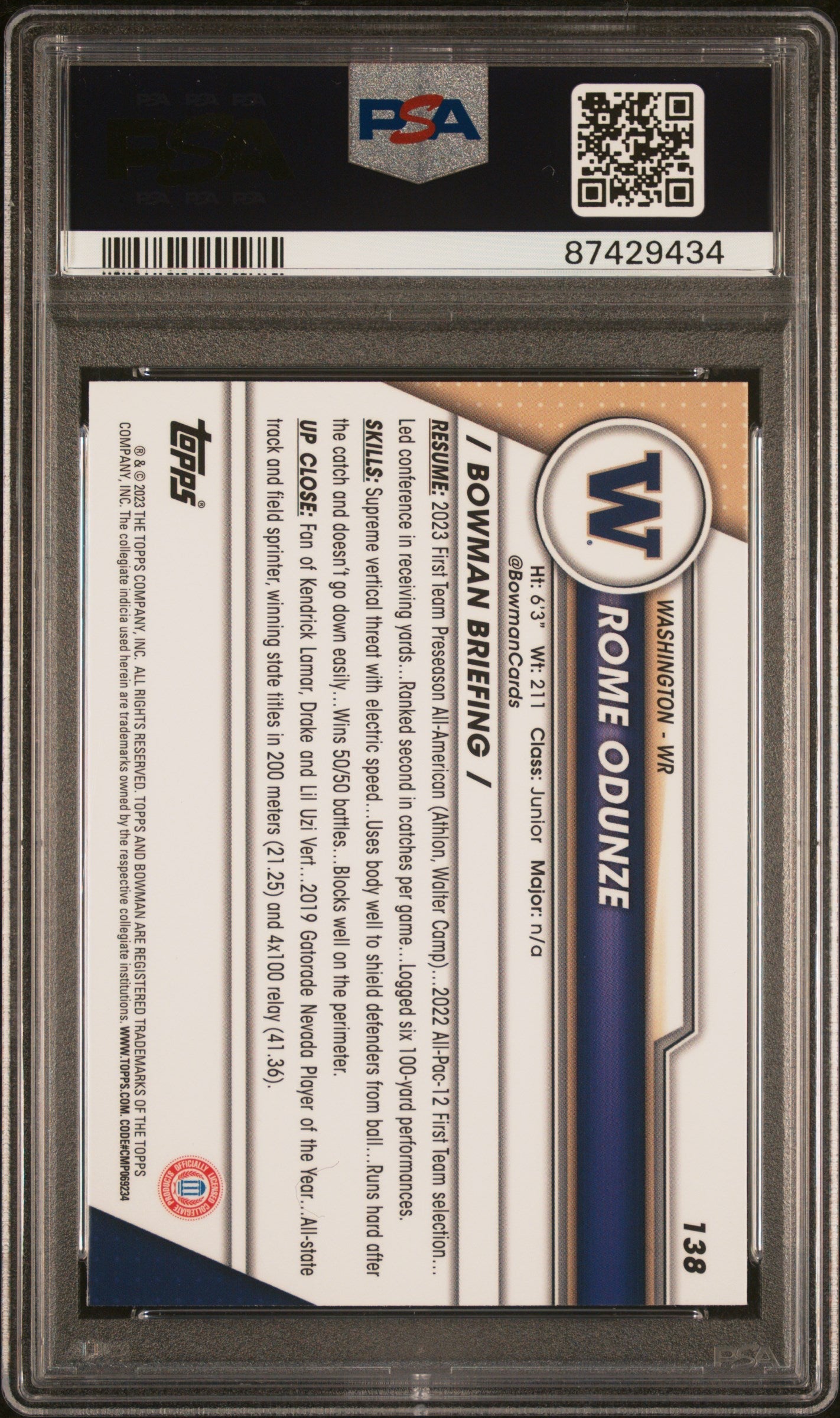 Graded 2023 Topps Bowman U Sapphire Rome Odunze #138 Rookie RC Football Card PSA 10 Gem Mint