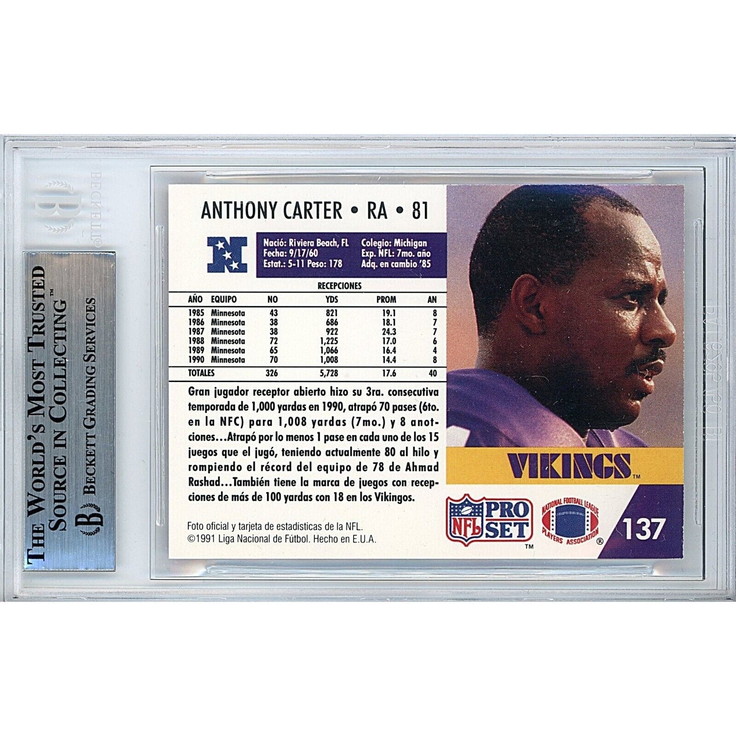 1991 NFL Pro Set #137 — Anthony Carter Minnesota Vikings Autographed Trading Card — Beckett Authentication
