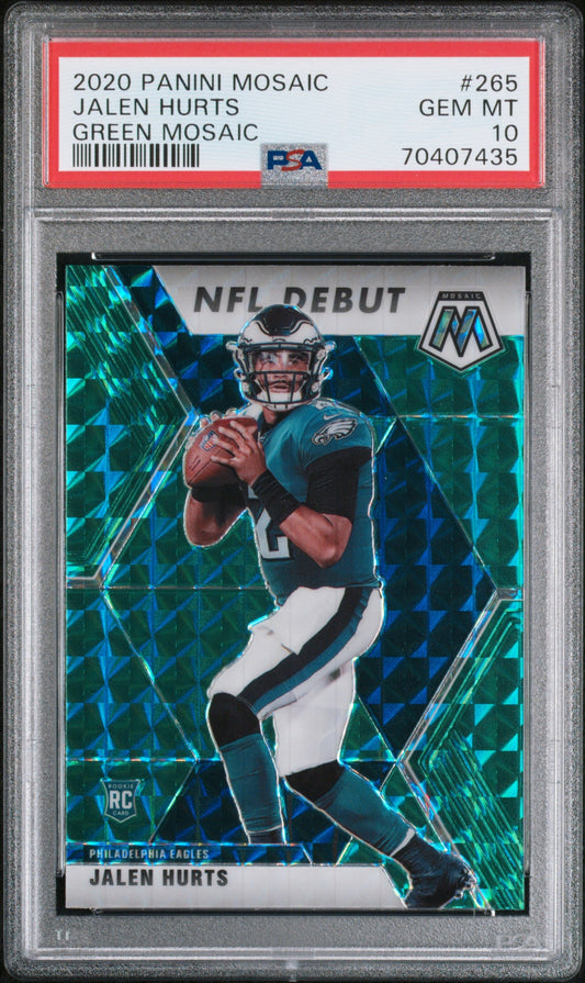 Graded 2020 Panini Mosaic Jalen Hurts #265 Green Mosaic Rookie RC Football Card PSA 10 Gem Mint