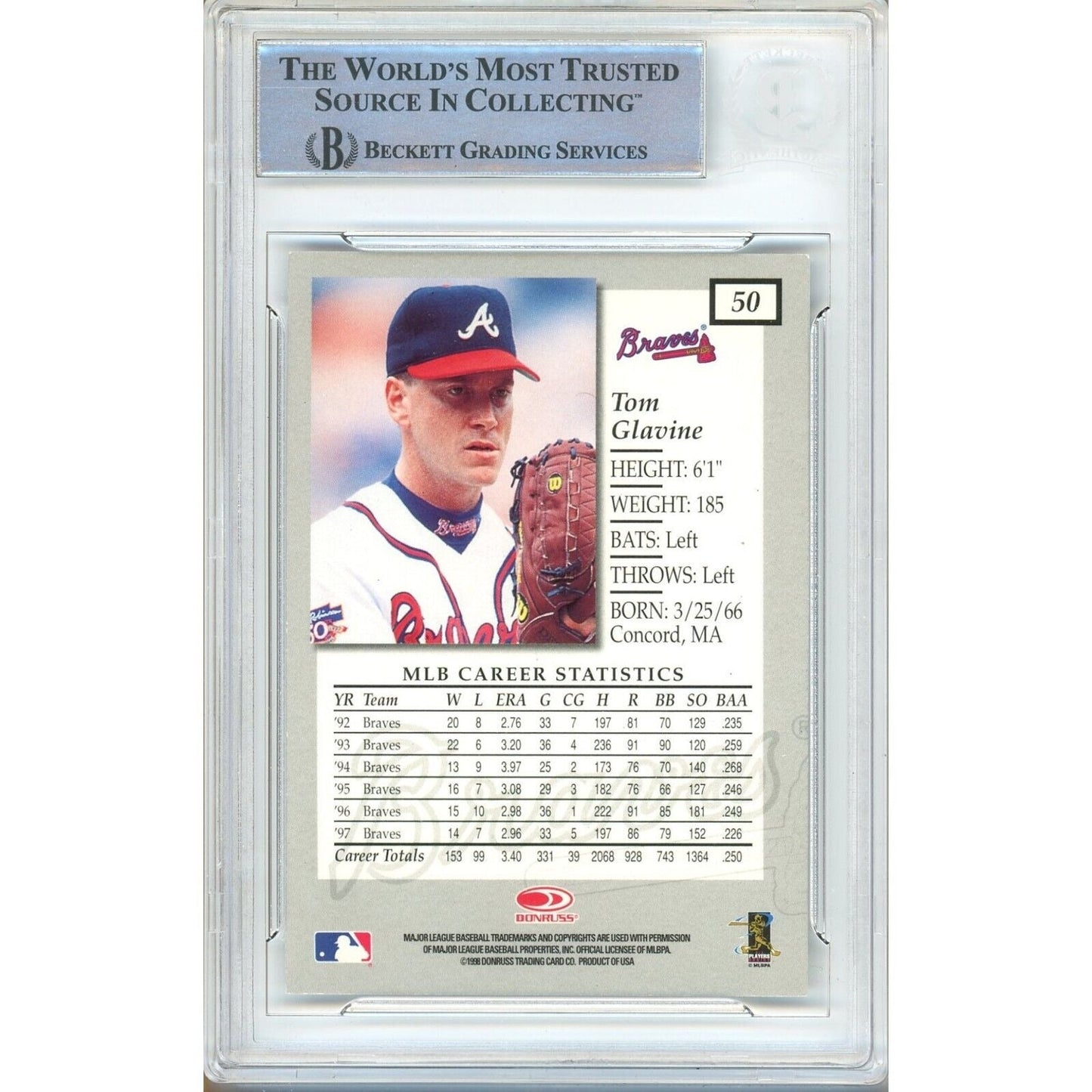 Tom Glavine Atlanta Braves Signed 1998 Donruss Elite Card Beckett Authentic Auto Slab