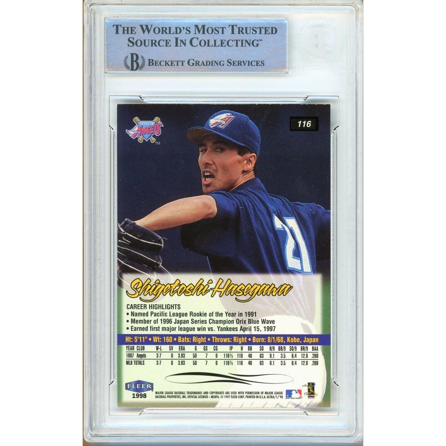 Shigetoshi Hasegawa LA Angels Signed 1998 Fleer Ultra Card Beckett Authentic Auto Slab RC