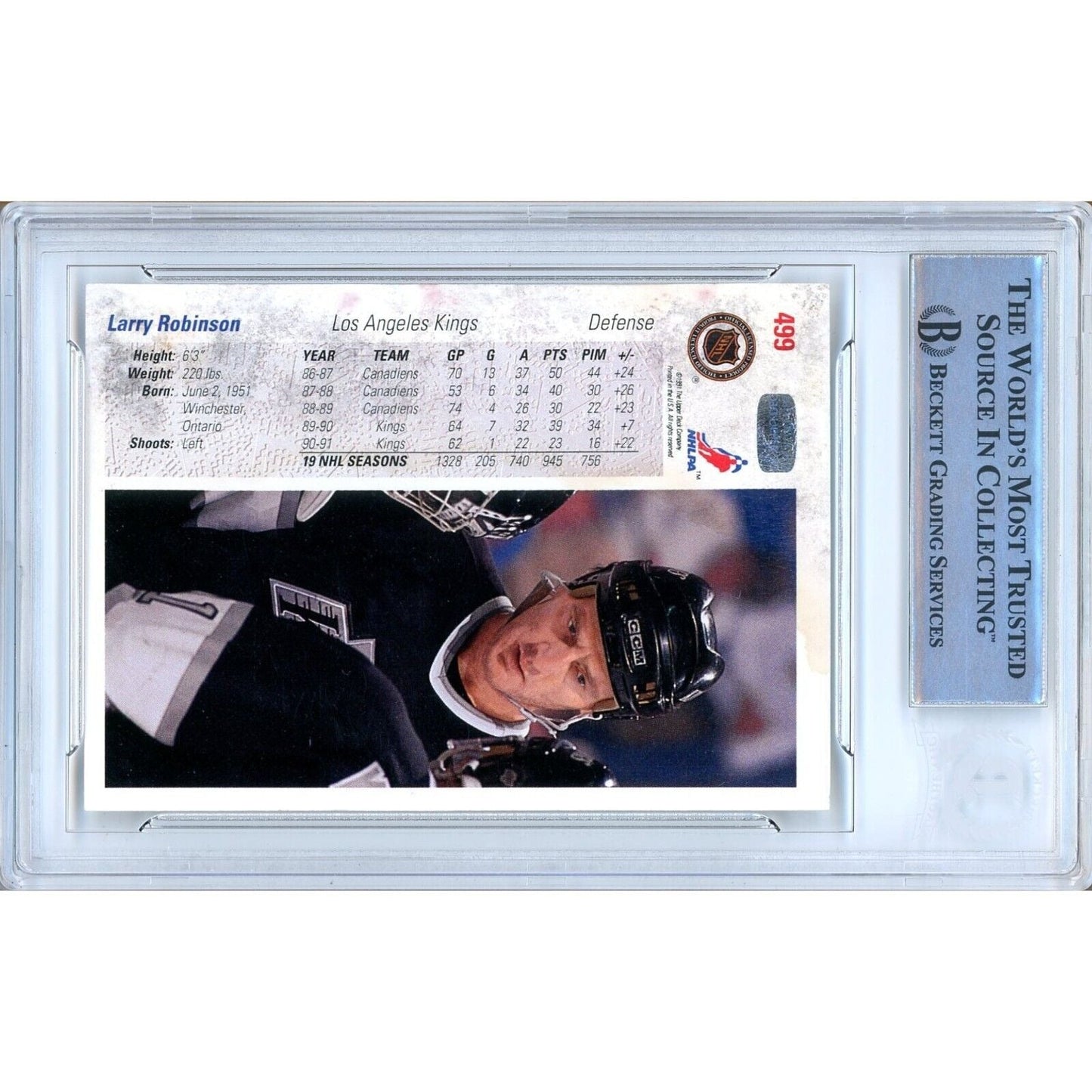 1991-92 Upper Deck #499 — Larry Robinson Los Angeles Kings Autographed Trading Card — Beckett Authentication