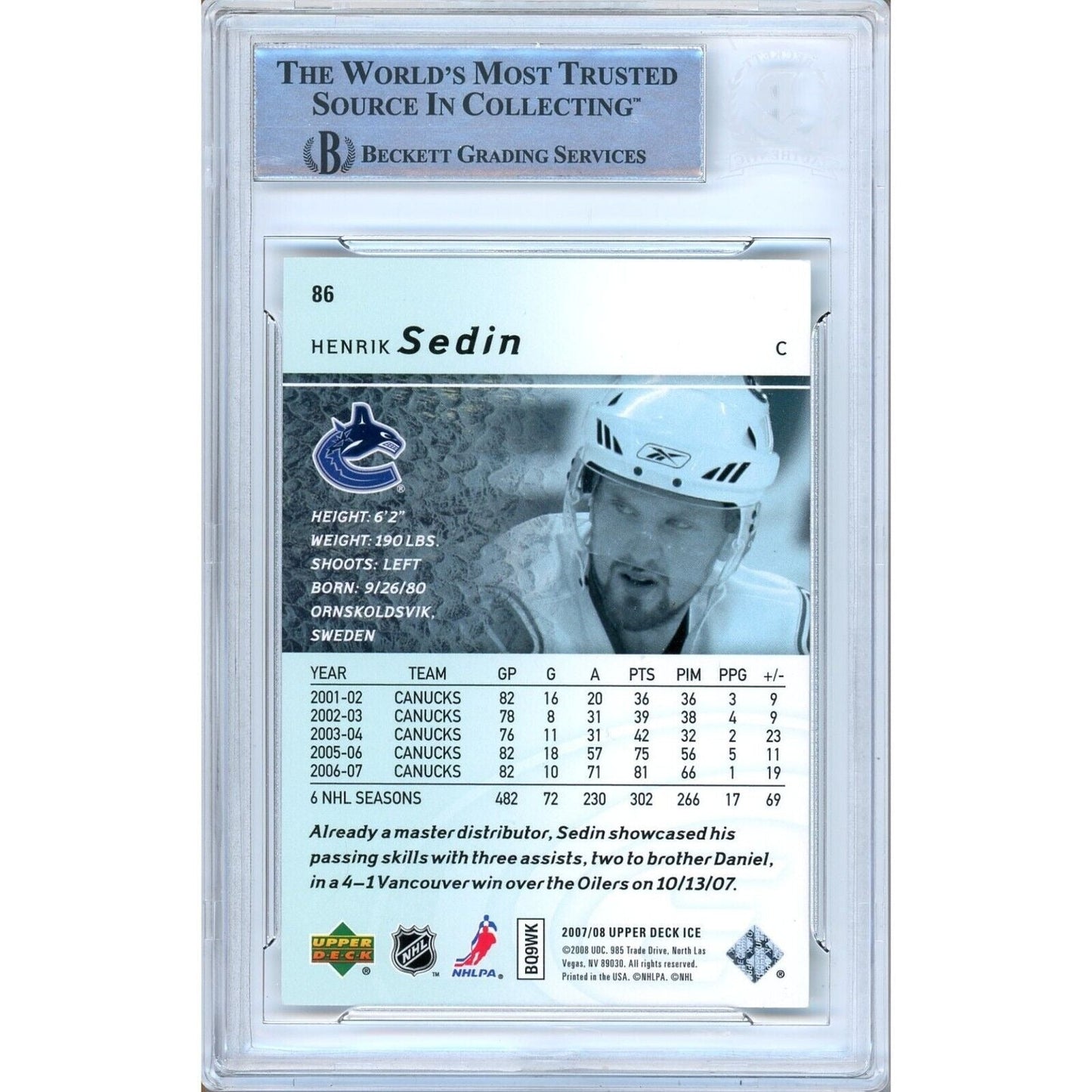 2007-08 Upper Deck Ice #86 — Henrik Sedin Vancouver Canucks Autographed Trading Card — Beckett Authentication