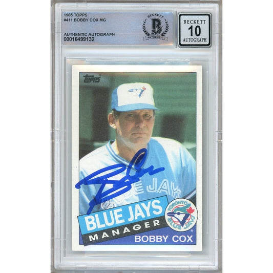 1985 Topps #411 — Bobby Cox Toronto Blue Jays Autographed Trading Card — Beckett Authentication