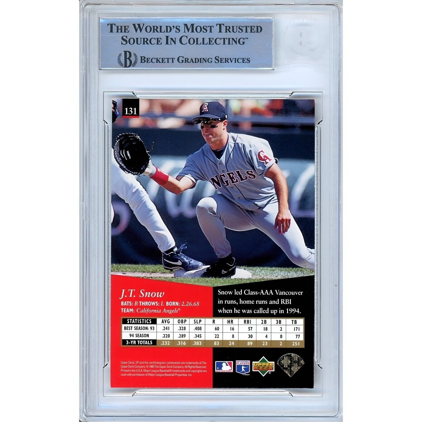 1995 Upper Deck SP Authentic #131 — JT Snow LA Angels Autographed Trading Card — Beckett Authentication