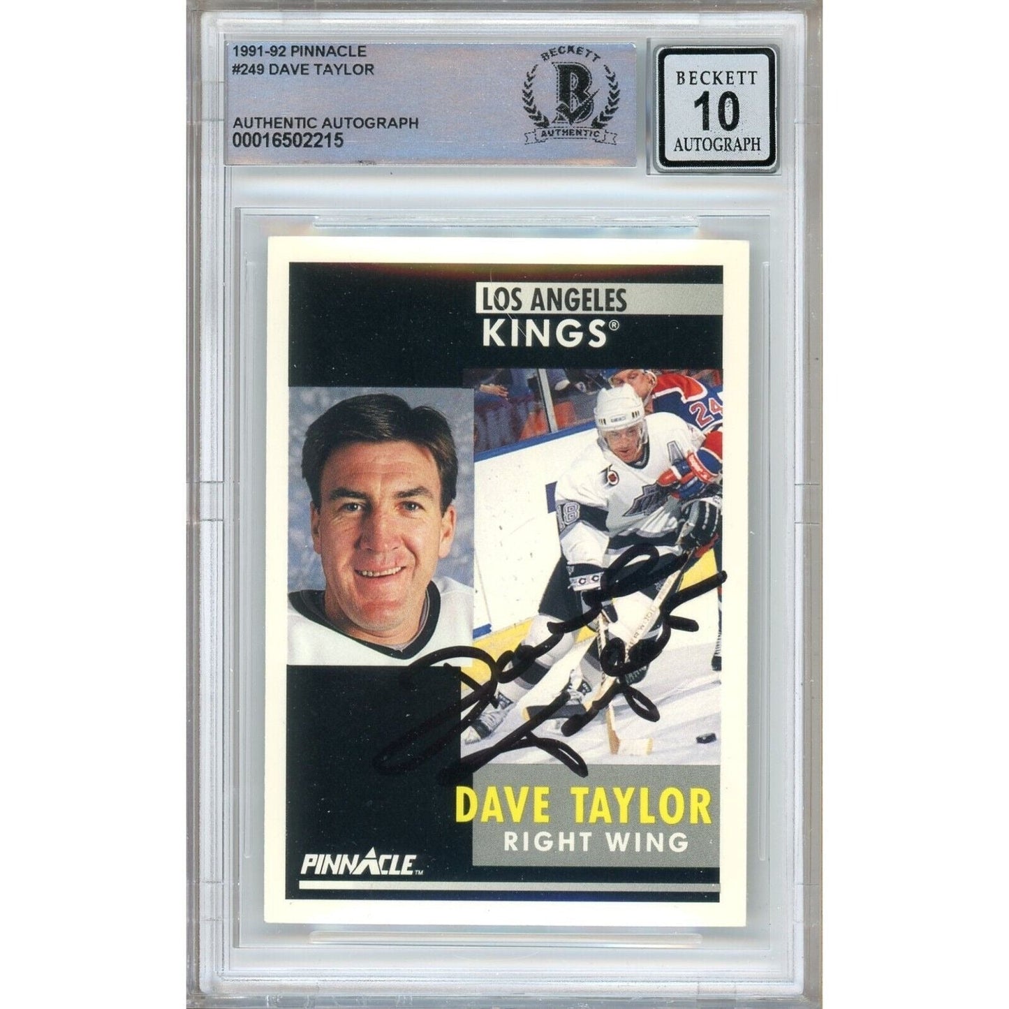 1991-92 Pinnacle #249 — Dave Taylor Los Angeles Kings Autographed Trading Card — Beckett Authentication
