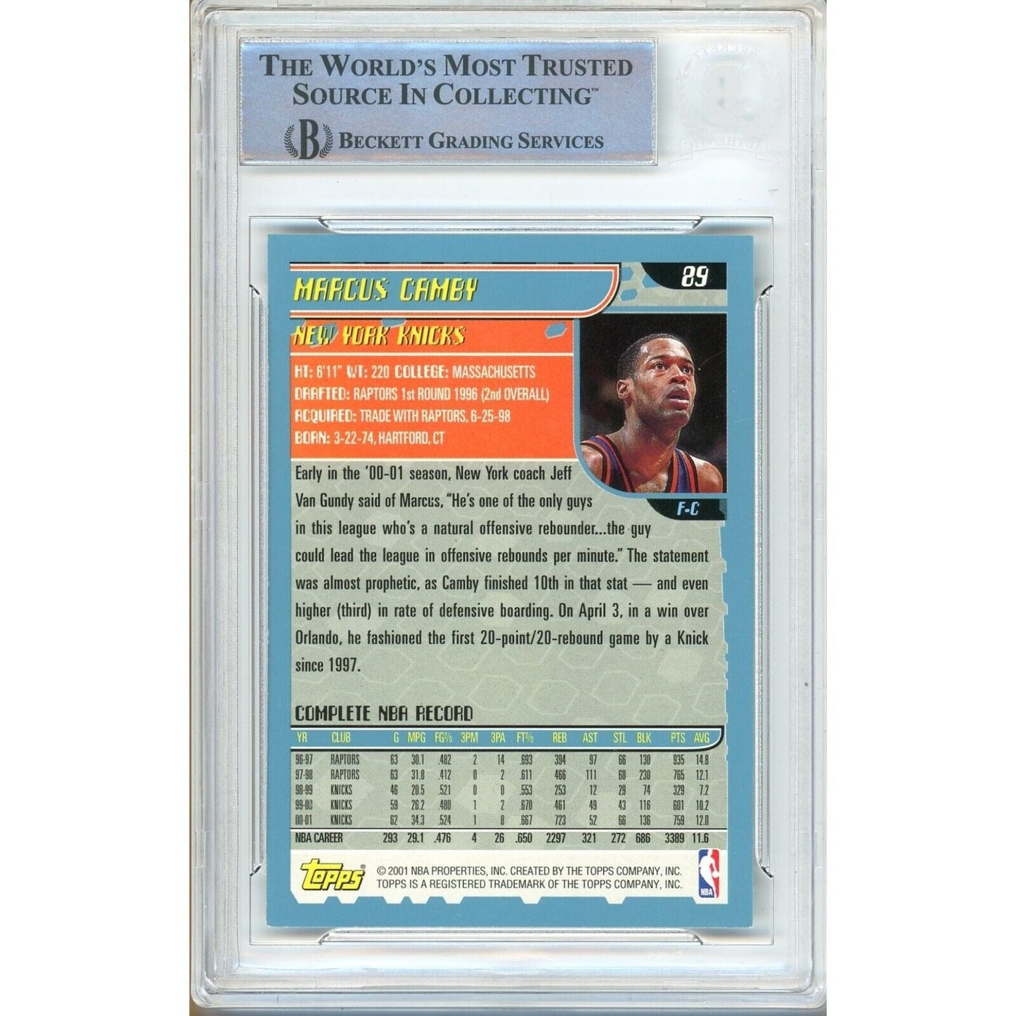 Marcus Camby New York Knicks Signed 2001-02 Topps Basketball Card BAS Auth Auto Slab