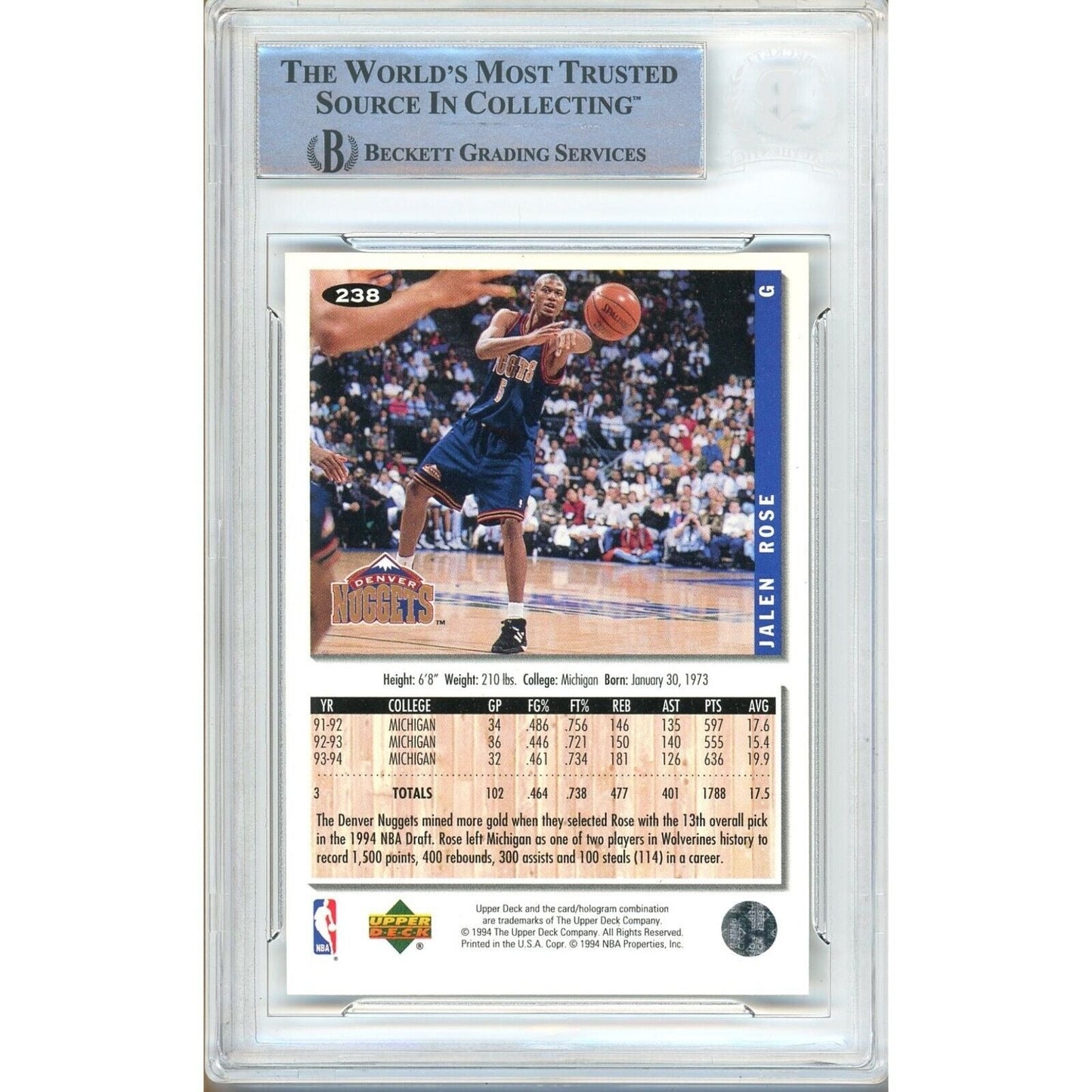 1994-95 UD Collectors Choice #238 — Jalen Rose Denver Nuggets Autographed Trading Card — Beckett Authentication