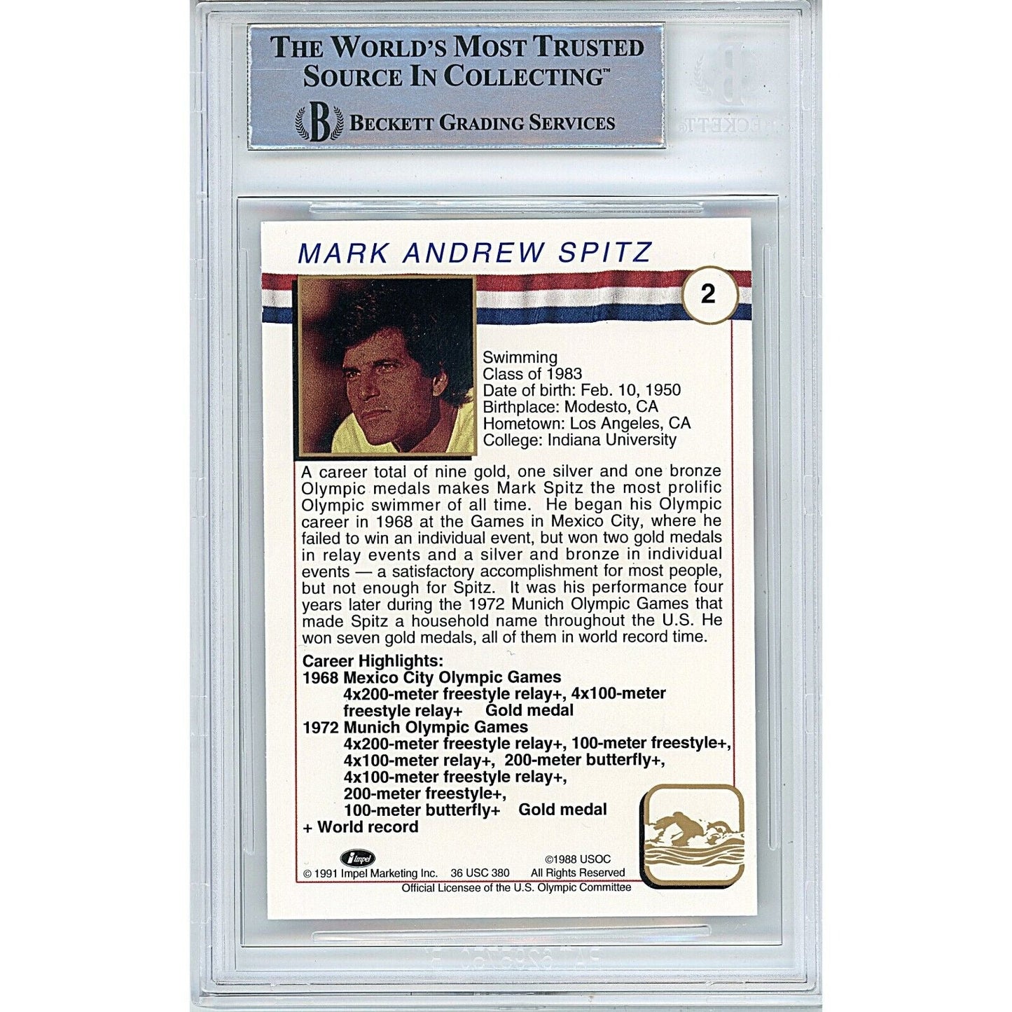 Mark Spitz Team USA Signed 1991 Impel US Summer Olympics HOF Card Beckett Auth Auto