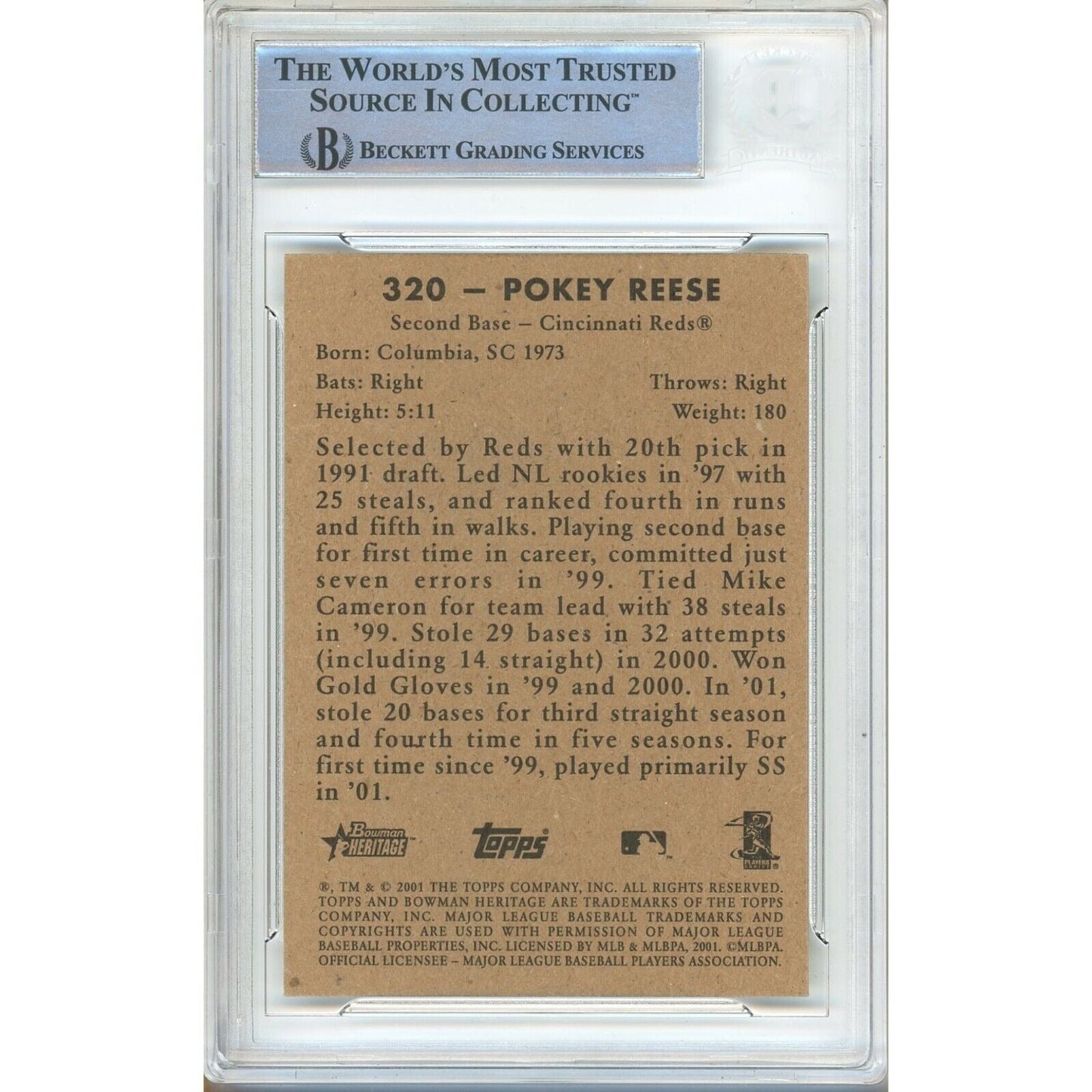 Pokey Reese Cincinnati Reds Signed 2001 Bowman Heritage Card Beckett Auth Auto Slab