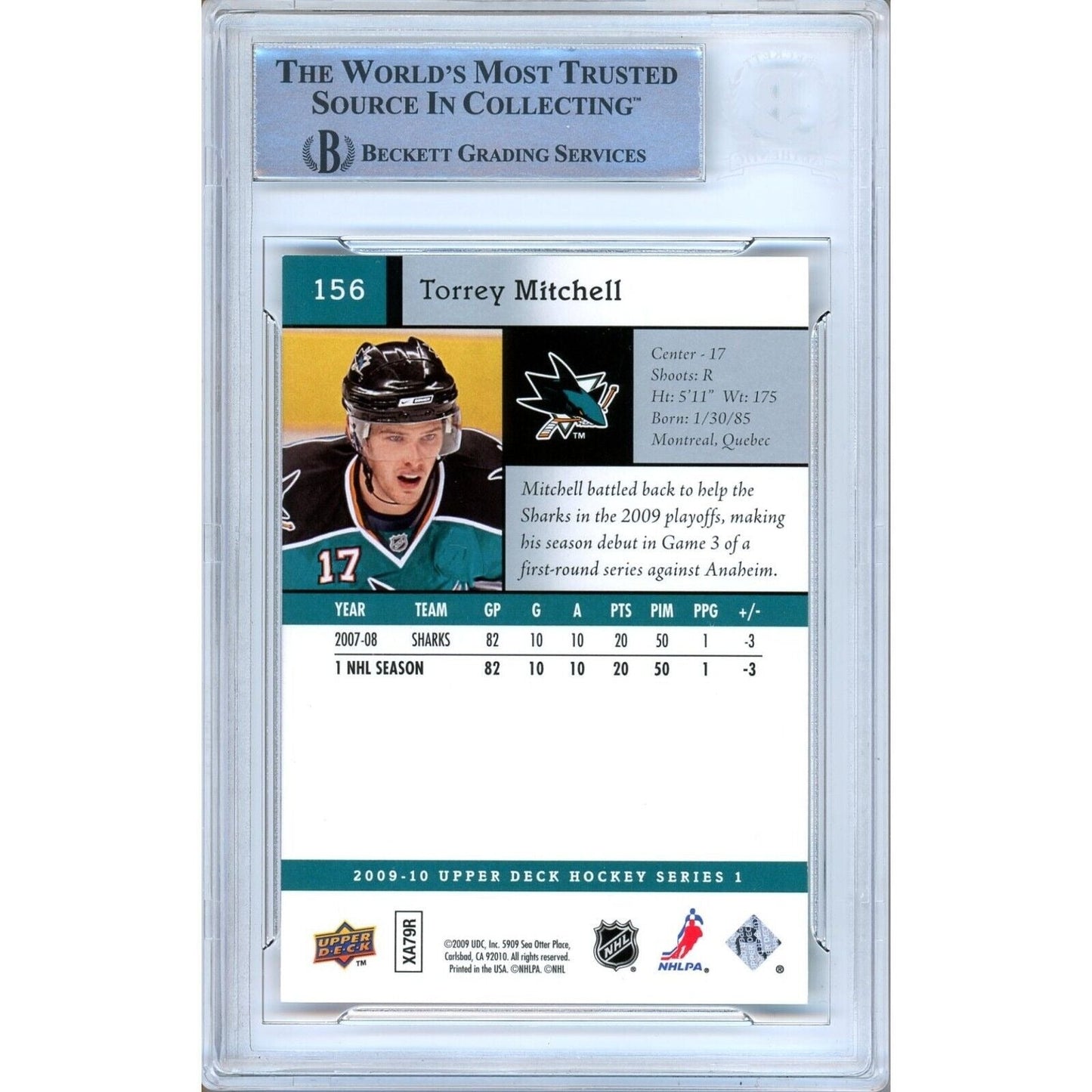 Torrey Mitchell San Jose Sharks Signed 2009-10 Upper Deck Card Beckett Authentic Auto
