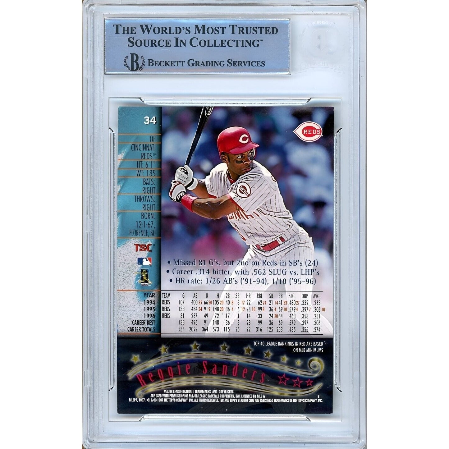 Reggie Sanders Cincinnati Reds Signed 1997 Stadium Club Beckett Authentic Auto Slab