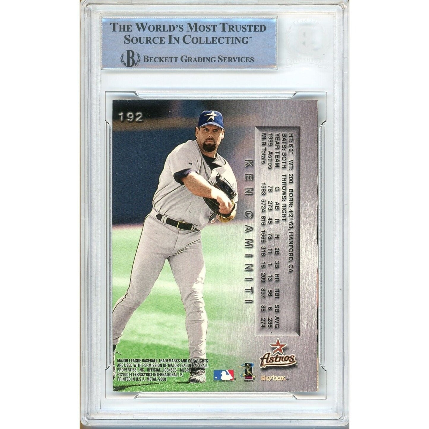 2000 Fleer SkyBox Metal Universe #192 — Ken Caminiti Houston Astros Autographed Trading Card — Beckett Authentication