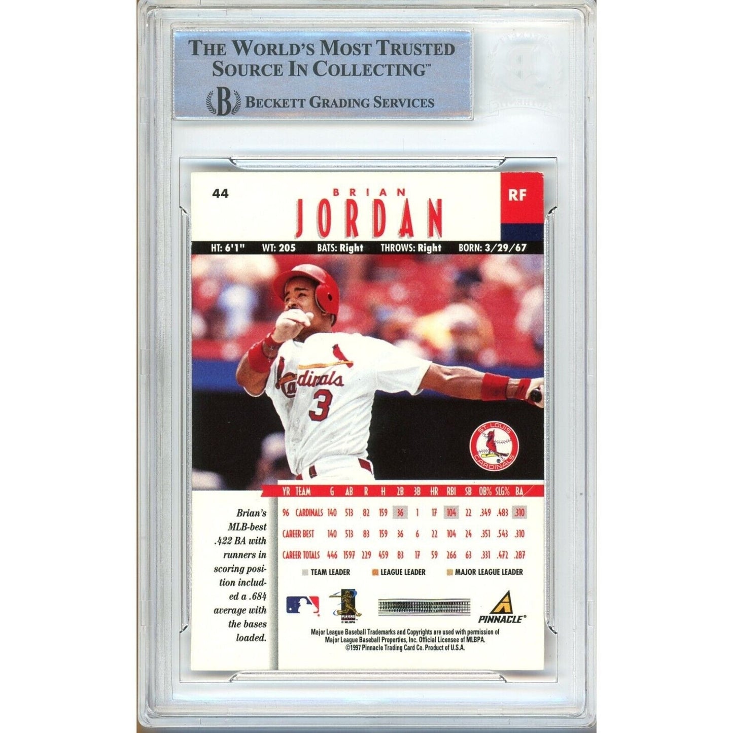 1997 Pinnacle #44 — Brian Jordan St Louis Cardinals Autographed Trading Card — Beckett Authentication
