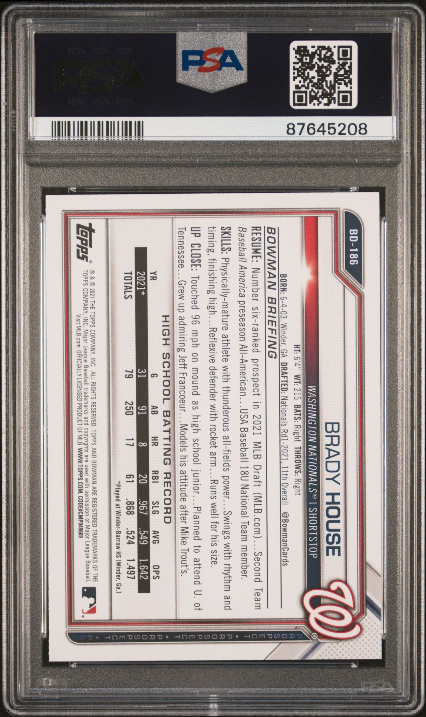 Graded 2021 Topps Bowman Draft Brady House #BD186 Rookie RC Baseball Card PSA 10 Gem Mint