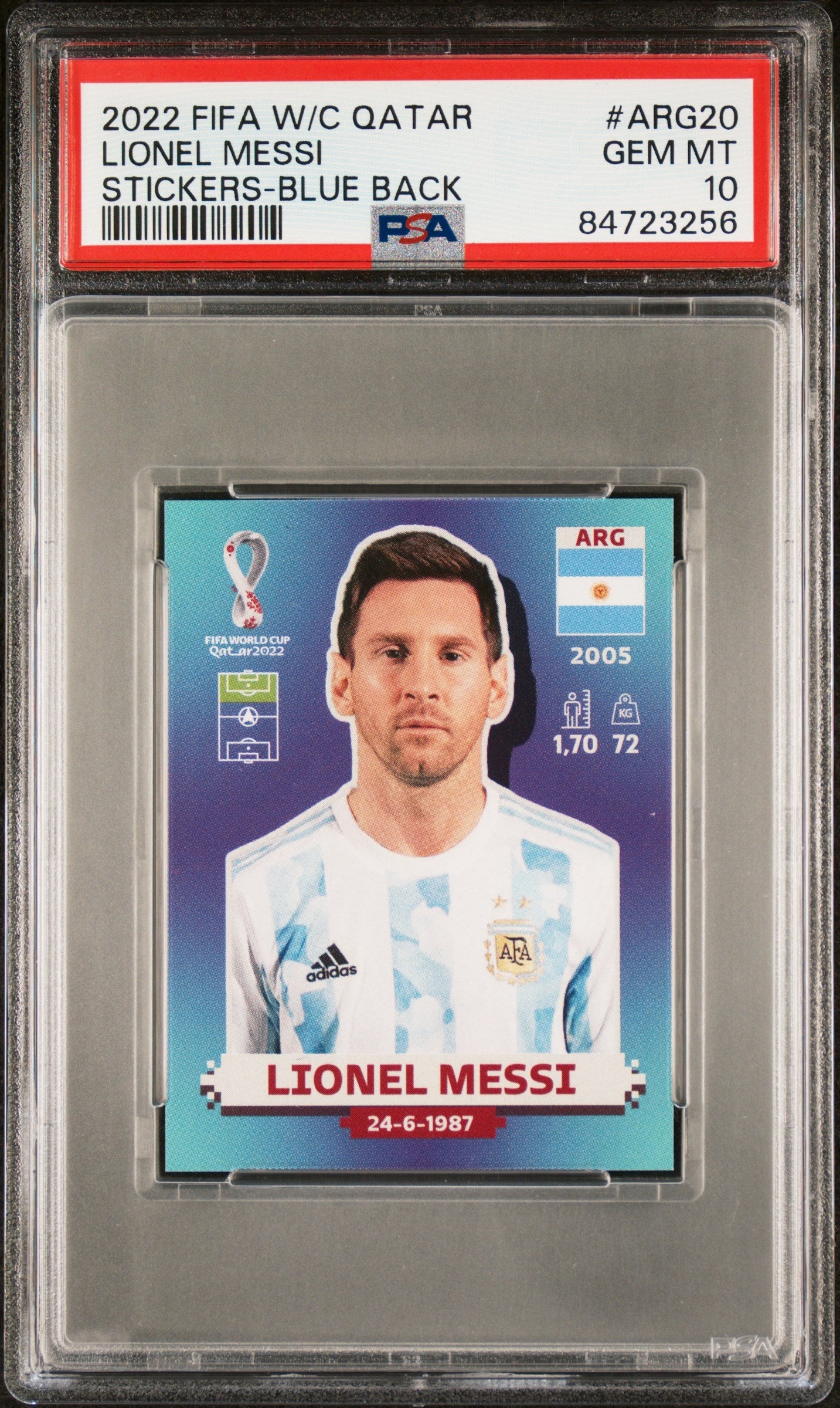 Graded 2022 Panini World Cup Qatar Lionel Messi #ARG20 Stickers Blue Back Soccer Card PSA 10 Gem Mint