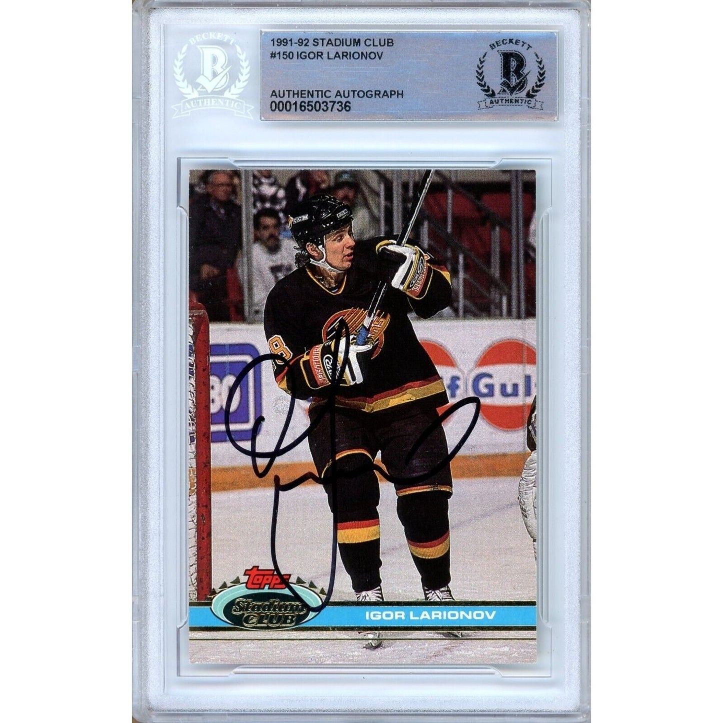 1991 Topps Stadium Club #150 — Igor Larionov Vancouver Canucks Autographed Trading Card — Beckett Authentication