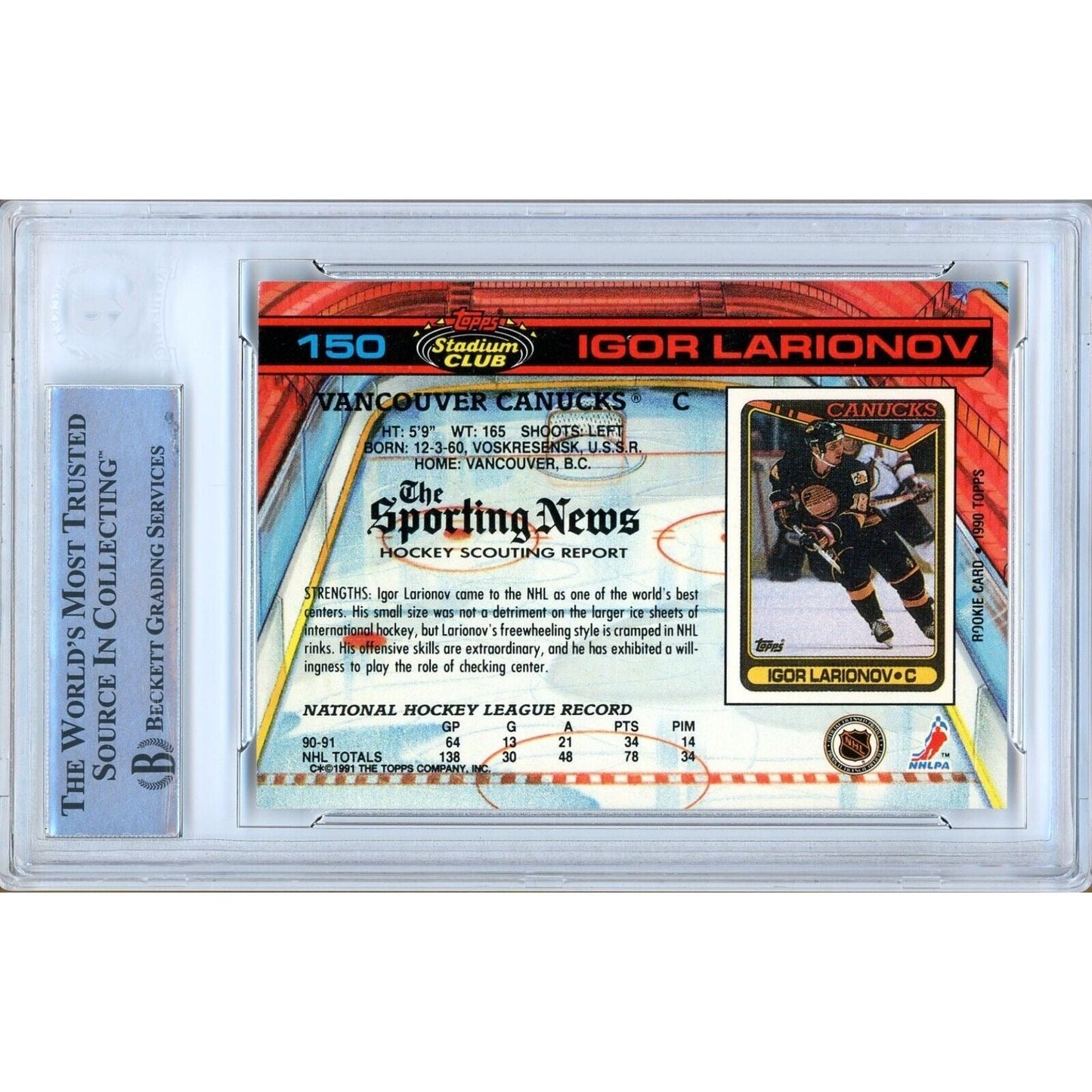 1991 Topps Stadium Club #150 — Igor Larionov Vancouver Canucks Autographed Trading Card — Beckett Authentication