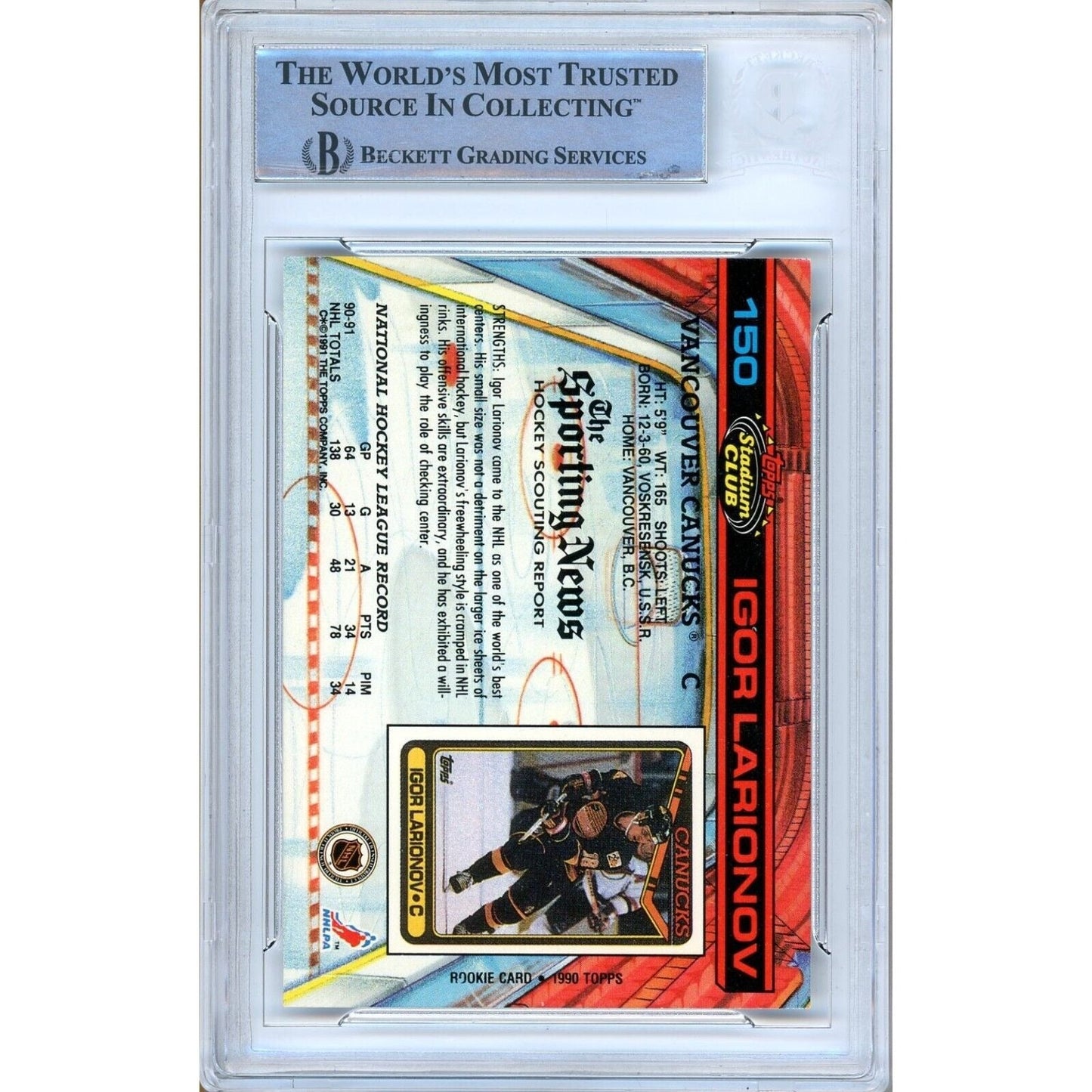 1991 Topps Stadium Club #150 — Igor Larionov Vancouver Canucks Autographed Trading Card — Beckett Authentication
