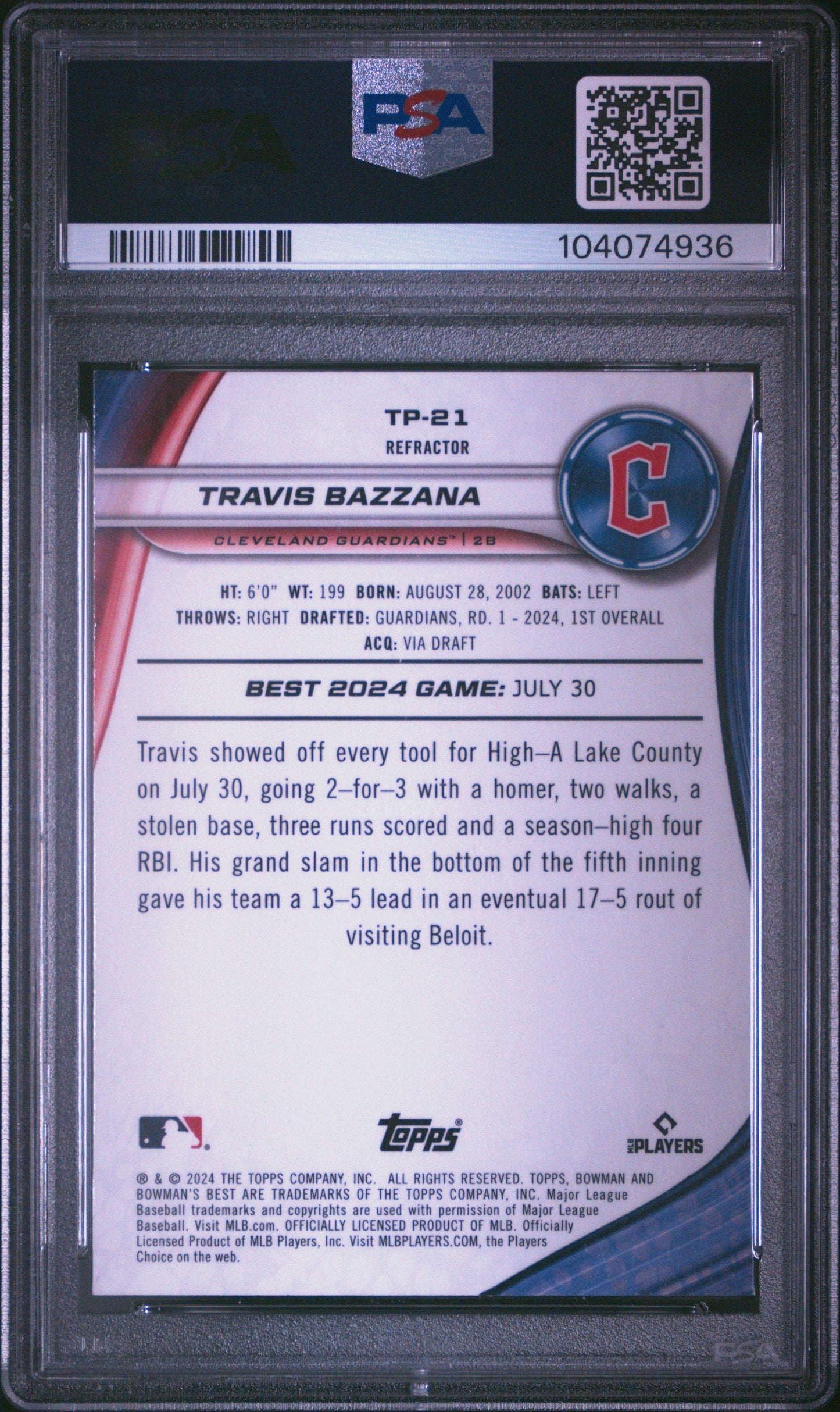 Graded 2024 Topps Bowmans Best Travis Bazzana #TP21 Top Prospects Refractor Rookie RC Baseball Card PSA 10 Gem Mint - Sport Cards