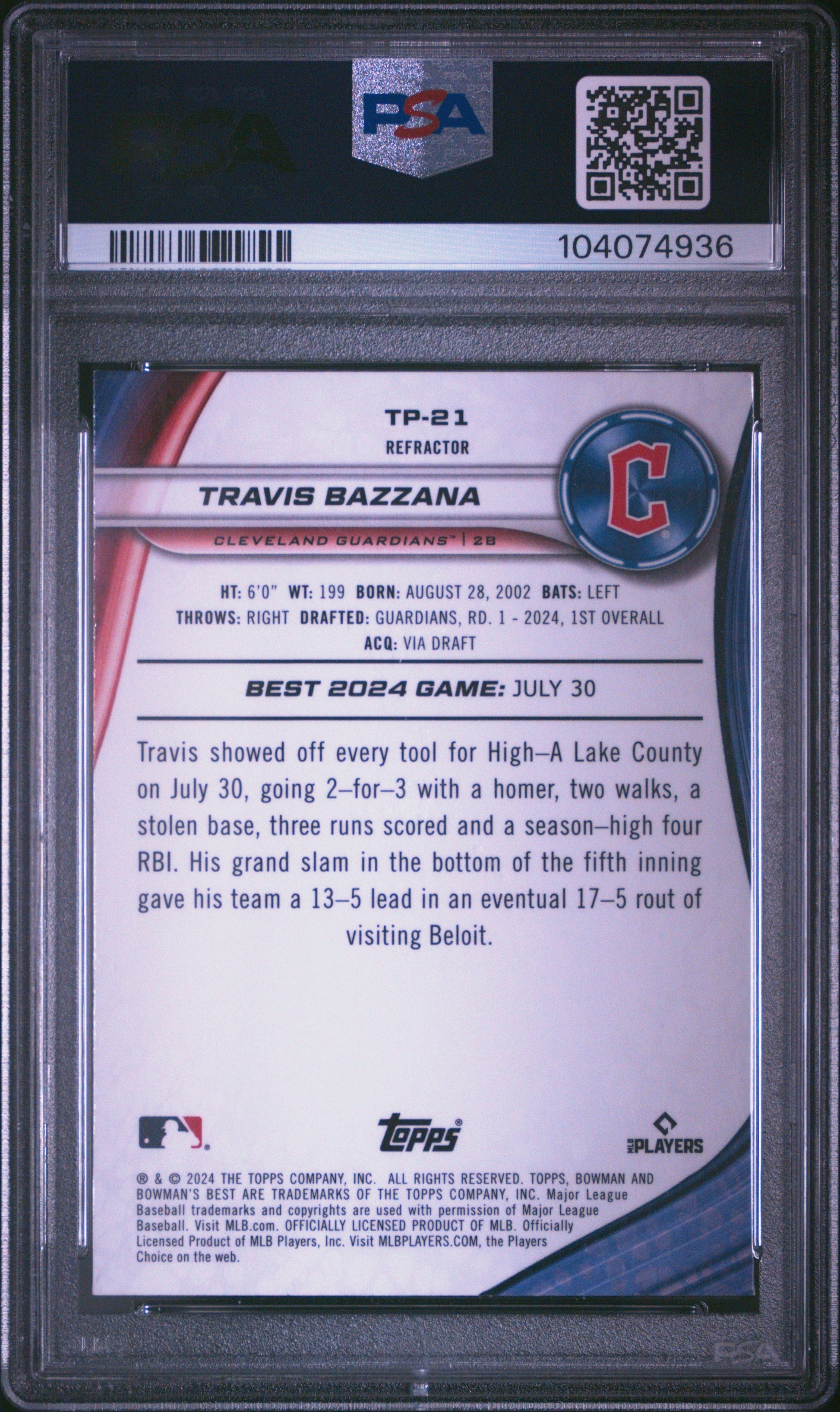 Graded 2024 Topps Bowmans Best Travis Bazzana #TP21 Top Prospects Refractor Rookie RC Baseball Card PSA 10 Gem Mint - Sport Cards