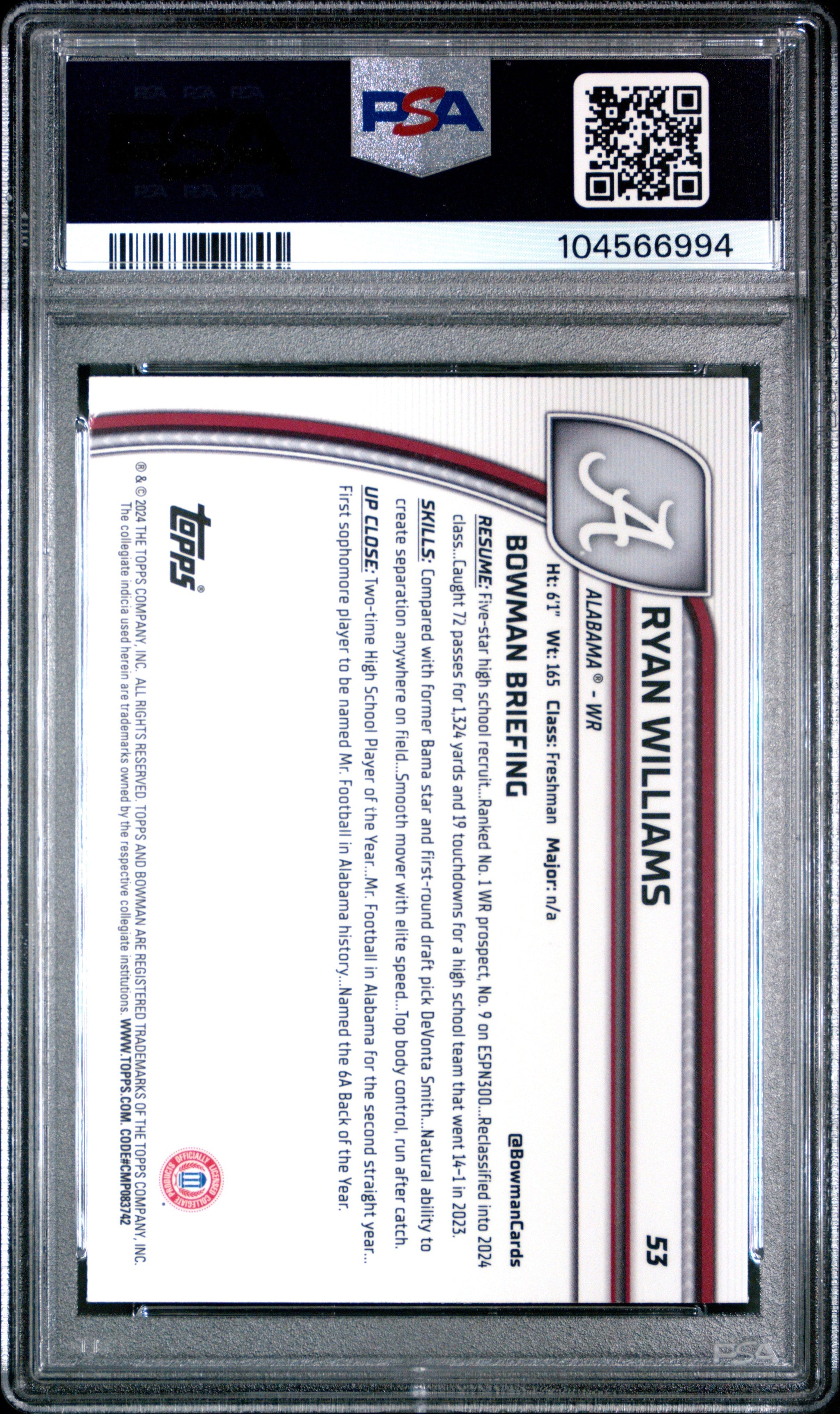 Graded 2024 Topps Bowman U Chrome University Ryan Williams #53 Rookie RC Football Card PSA 10 Gem Mint - Sport Cards