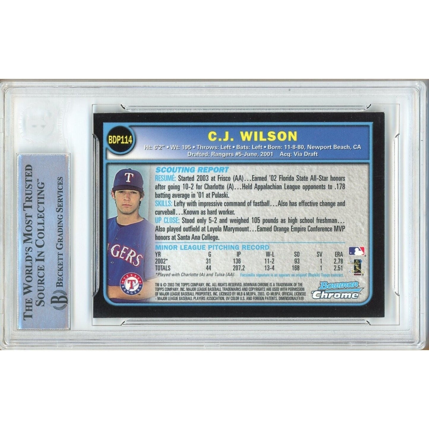 2003 Bowman Chrome Draft #411 — CJ Wilson Texas Rangers Autographed Trading Card — Beckett Authentication