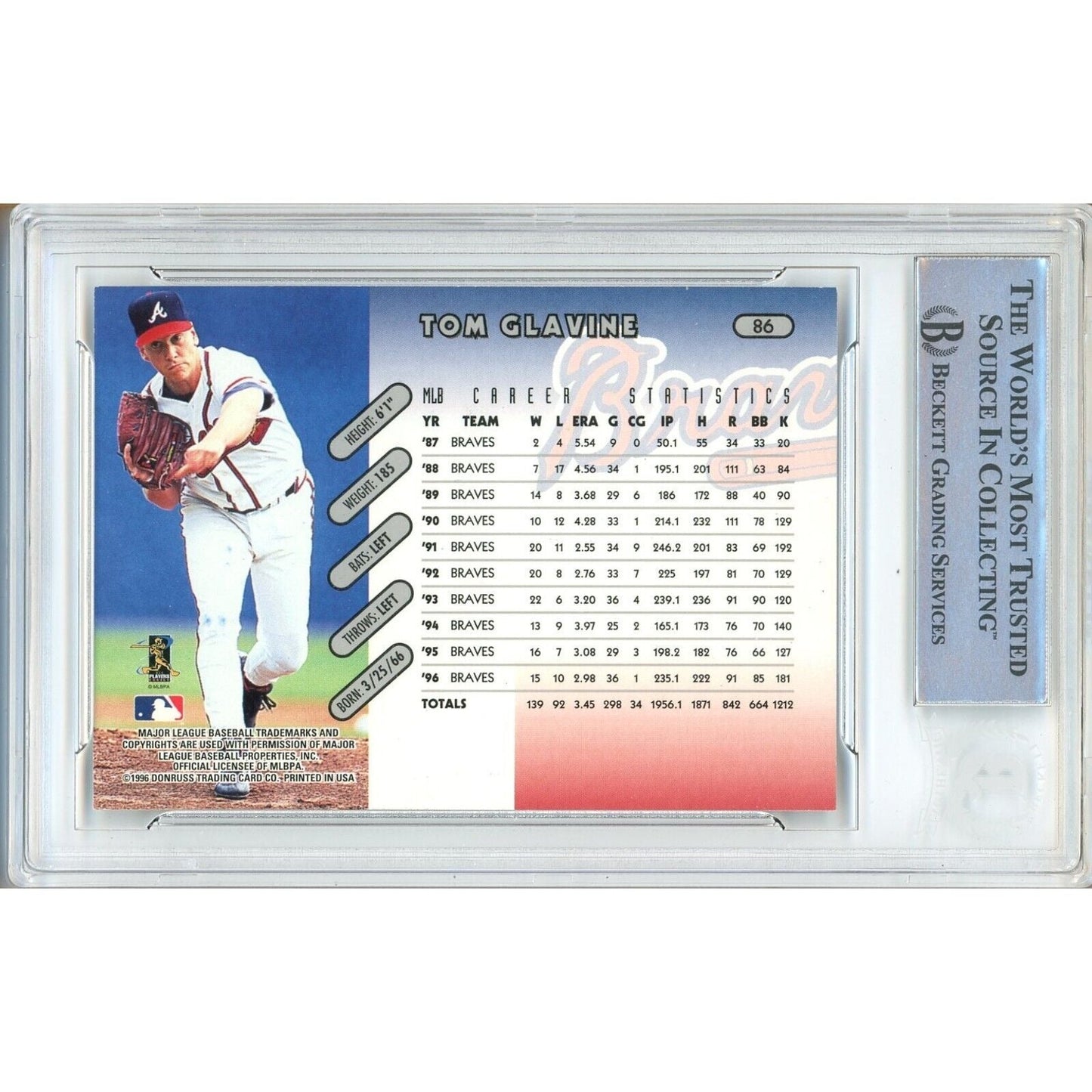 Tom Glavine Atlanta Braves Signed 1997 Donruss Baseball Card Beckett Authentic Auto Slab