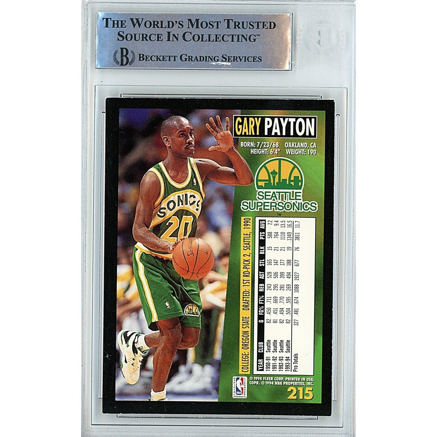 1994-95 Fleer #215 — Gary Payton Seattle Supersonics Autographed Trading Card — Beckett Authentication