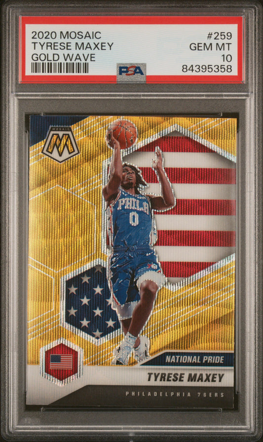 Graded 2020 Panini Mosaic Tyrese Maxey #259 Gold Wave Rookie RC Basketball Card PSA 10 Gem Mint