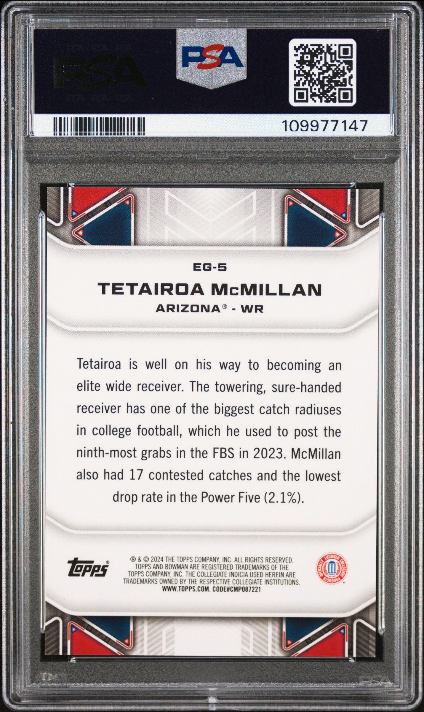 Graded 2024 Topps Bowman Best University Tetairoa McMillan #EG5 Elements of the Game Rookie RC Football Card PSA 10 Gem Mint